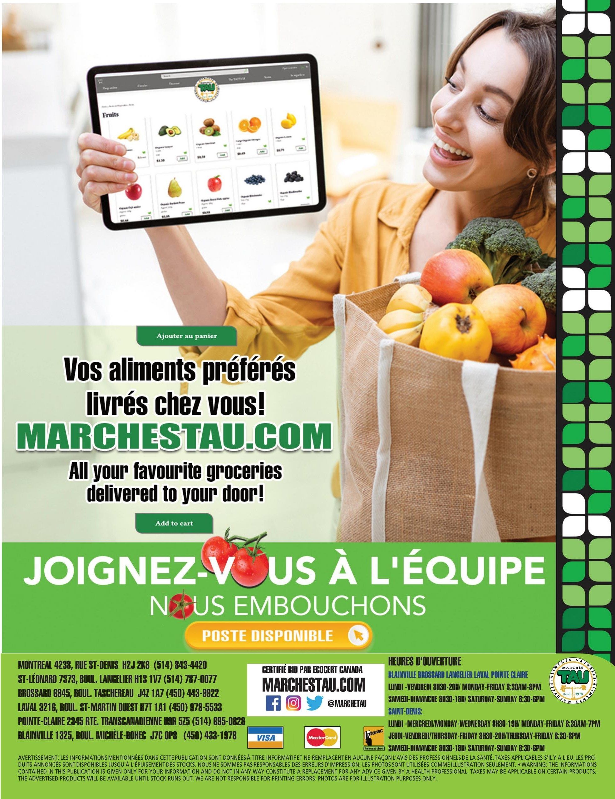 Marches TAU flyer page 3 features a woman happily browsing groceries on a tablet, with the text 'Your favourite groceries delivered to your door!' and the website MAR CHESTAU.COM. The page also highlights 'Join our team' with 'Jobs available' and lists store hours and locations for Blainville, Laval, Pointe-Claire, and Saint-Denis. Payment methods accepted include Visa, Mastercard, and Interac. The flyer is certified organic by Ecocert Canada.