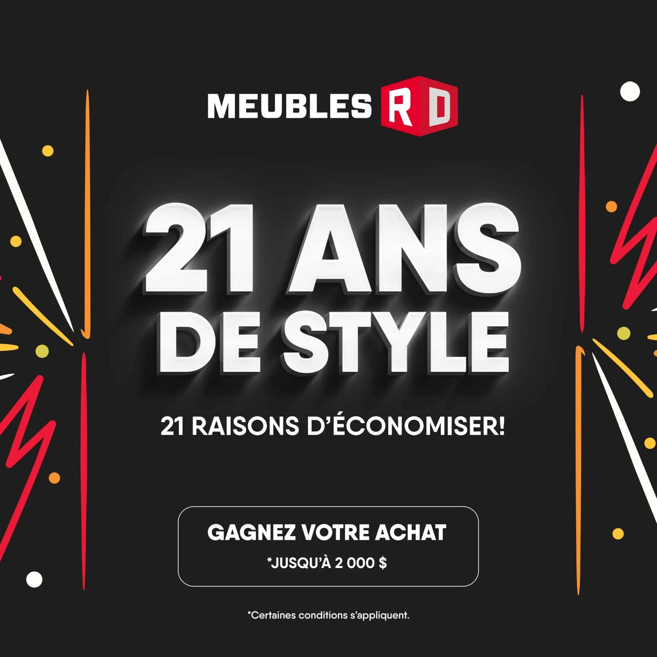 RD Furniture flyer celebrating 21 years of style with 21 reasons to save. Features a contest to win your purchase up to $2,000. Certain conditions apply. This is the first page of a 15-page flyer valid from May 19 to May 24, 2026.