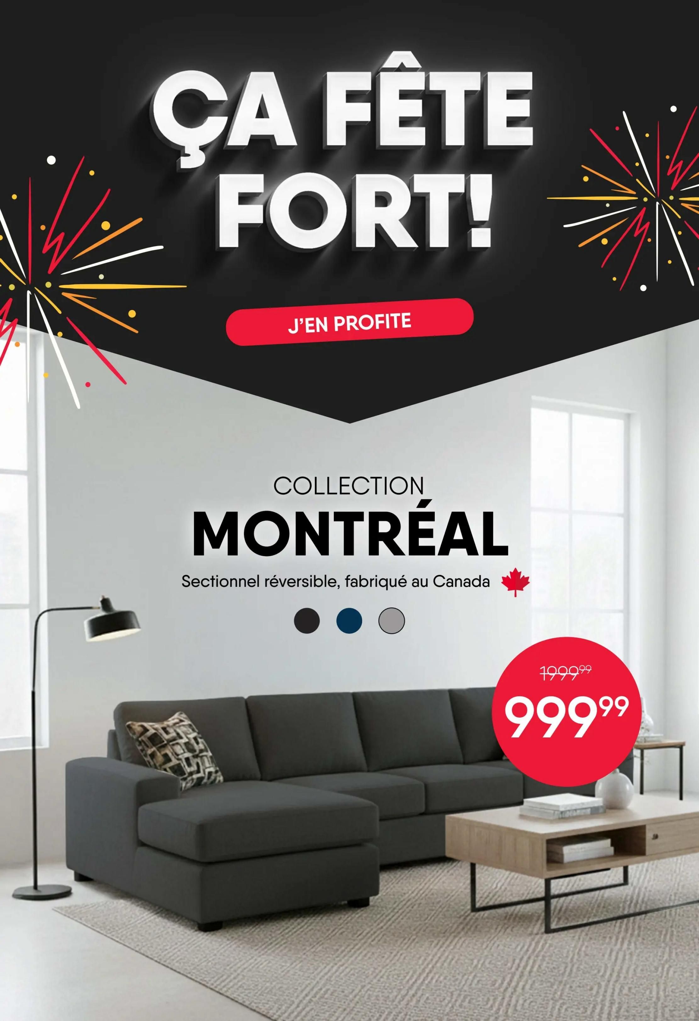 RD Furniture Weekly Flyer Specials, Page 3. Features the 'Collection Montréal' reversible sectional, made in Canada, available in multiple colours. The sectional is priced at $999.99, down from $1999.99. The page has a festive 'Ça Fête Fort!' (It's a Big Celebration!) headline with fireworks graphics and a 'J'en Profite' (I'm Taking Advantage) button.