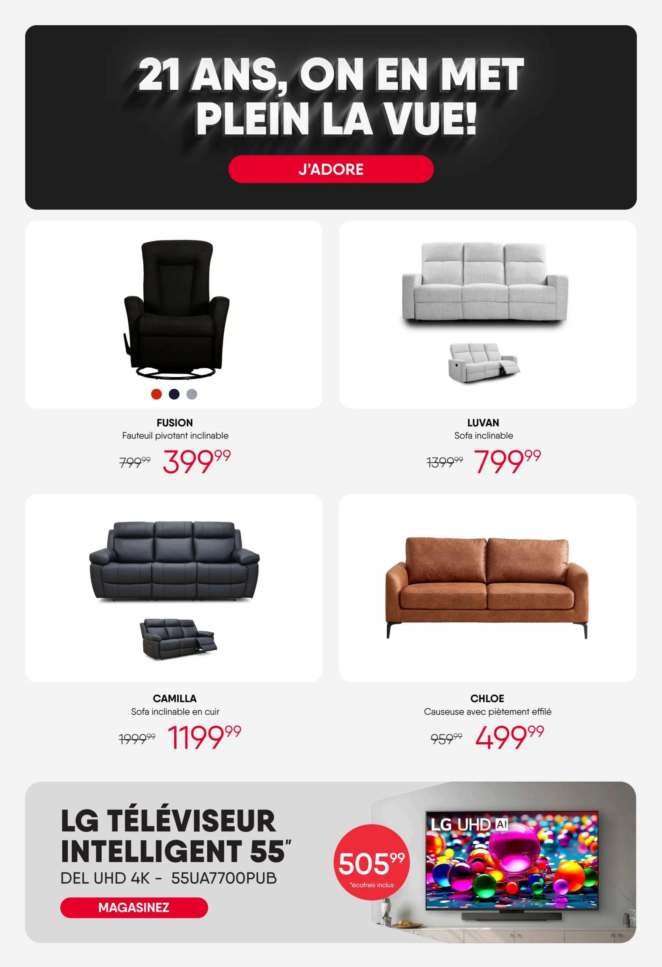 RD Furniture weekly flyer specials page 5 features a large '21 ANS, ON EN MET PLEIN LA VUE!' banner. Featured furniture includes the FUSION reclining armchair, originally $799.99, now $399.99. The LUVAN reclining sofa is on sale for $799.99, down from $1399.99. The CAMILLA leather reclining sofa is priced at $1199.99, reduced from $1999.99. The CHLOE sofa with a slim base is available for $499.99, marked down from $959.99. Also advertised is an LG 55' Smart UHD 4K TV (model 55UA7700PUB) with 'MAGASINEZ' button and a special price of $505.99 including eco-fees.