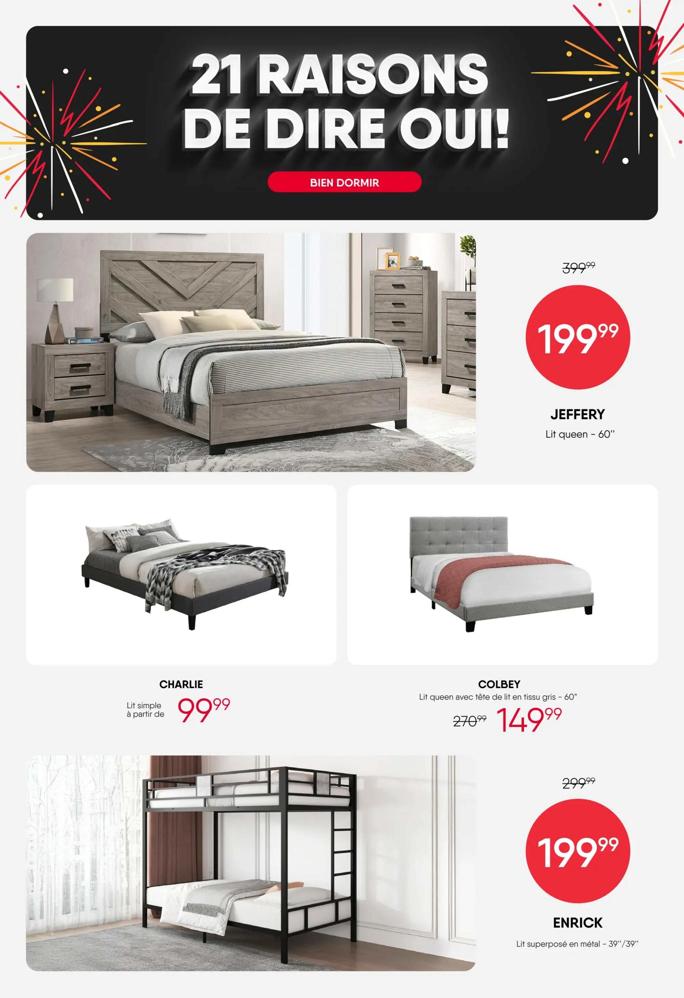 RD Furniture weekly flyer specials page 7 features '21 Reasons to Say Yes!' with a focus on 'Bien Dormir' (Sleep Well). Featured bedroom sets include the Jeffery queen bed for $199.99 (originally $399.99). Also available are the Charlie twin bed starting at $99.99, the Colbey queen bed with a grey fabric headboard for $149.99 (originally $270.99), and the Enrick metal bunk bed (39'/39') for $199.99 (originally $299.99).