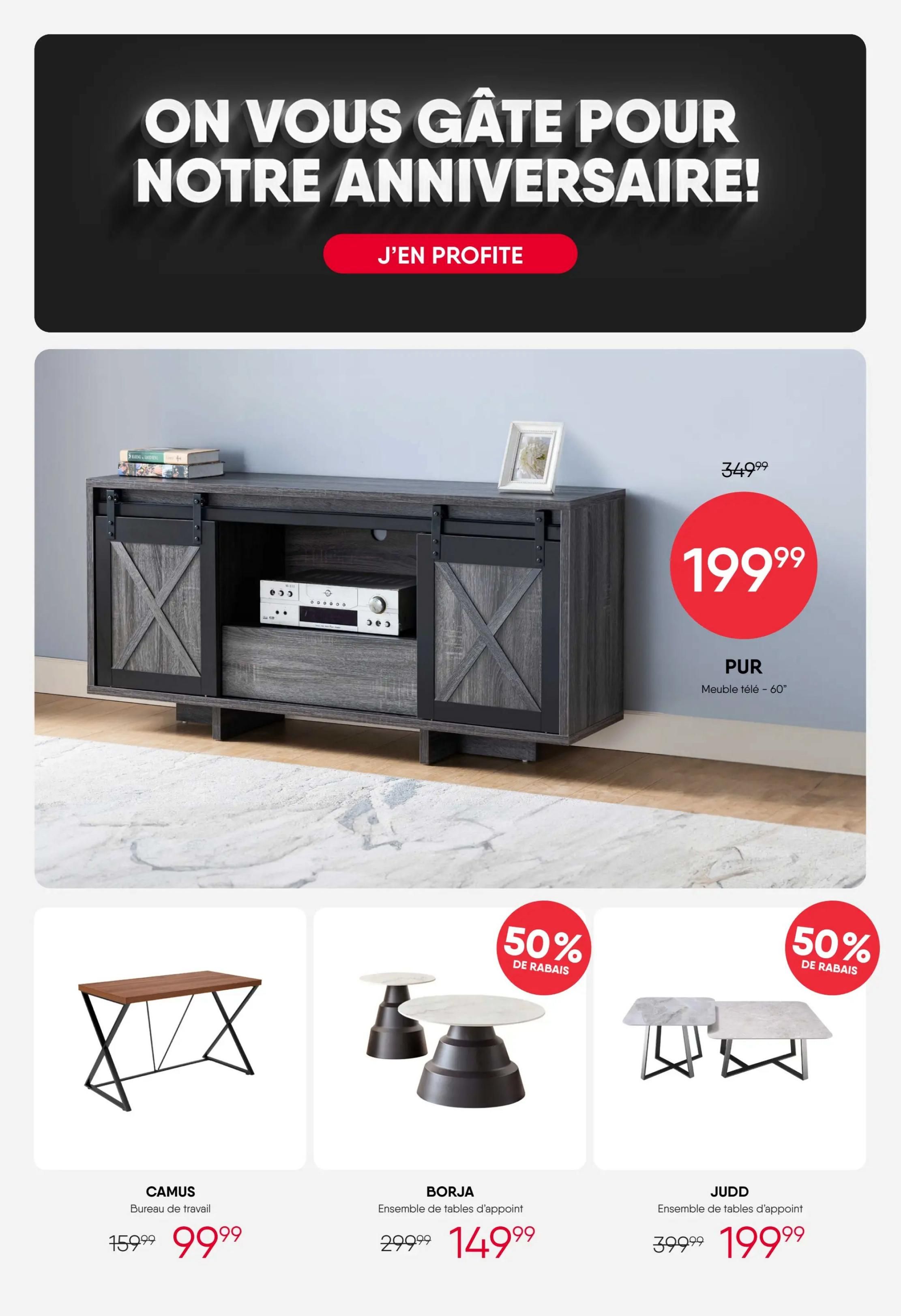 RD Furniture weekly flyer specials, page 8. Features a large grey wood TV stand with sliding barn doors, originally $349.99, now on sale for $199.99. Below are three accent furniture pieces: the CAMUS desk, originally $159.99, now $99.99. The BORJA set of accent tables, 50% off, originally $299.99, now $149.99. The JUDD nesting accent tables, 50% off, originally $399.99, now $199.99.