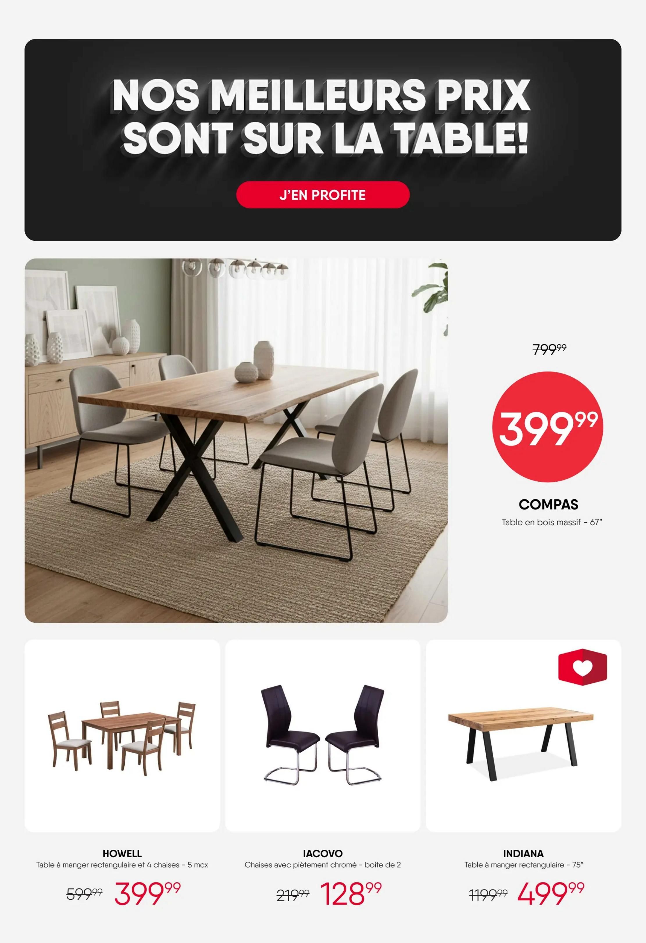 RD Furniture Weekly Flyer Specials Page 9. Features a large image of a wooden dining table with four grey chairs on a rug, with the text 'Our Best Prices Are On The Table!' and a call to action 'Shop Now!'. Below, the COMPAS solid wood dining table - 67' is on sale for $399.99, down from $799.99. Also shown are the HOWELL rectangular dining table and 4 chairs - 5 pcs set for $399.99 (originally $599.99), IACOVO chairs with chrome legs - box of 2 for $128.99 (originally $219.99), and the INDIANA rectangular dining table - 75' for $499.99 (originally $1199.99).