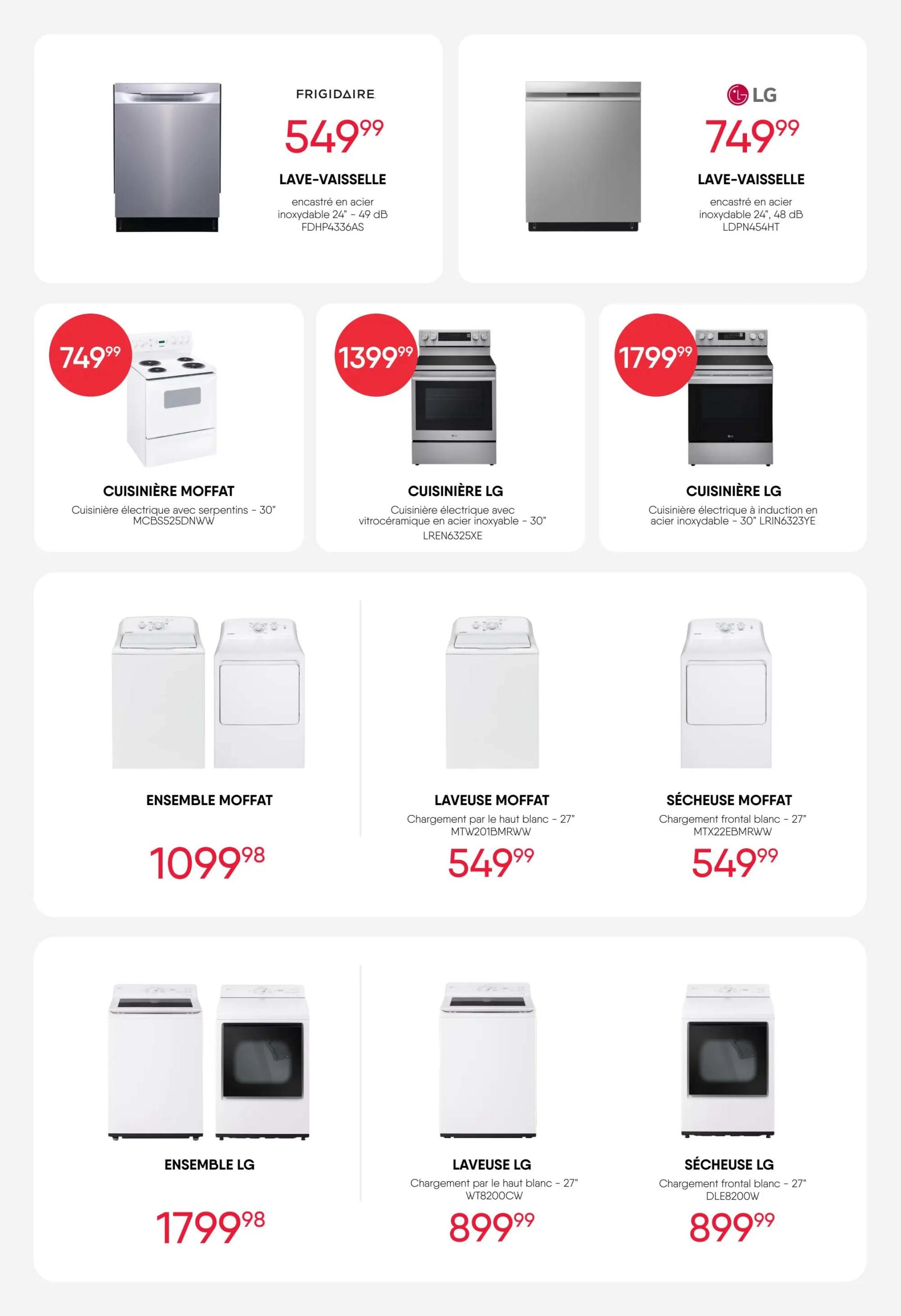 RD Furniture Weekly Flyer Specials Page 10 features kitchen and laundry appliances. Top row includes a Frigidaire dishwasher for $549.99 and an LG dishwasher for $749.99. Middle row showcases a Moffat electric range with serpentine elements for $749.99, an LG electric ceramic top range for $1399.99, and an LG induction electric range for $1799.99. Bottom row displays a Moffat washer and dryer set for $1099.98, a Moffat top-load washer for $549.99, a Moffat front-load dryer for $549.99, an LG top-load washer for $899.99, and an LG front-load dryer for $899.99.