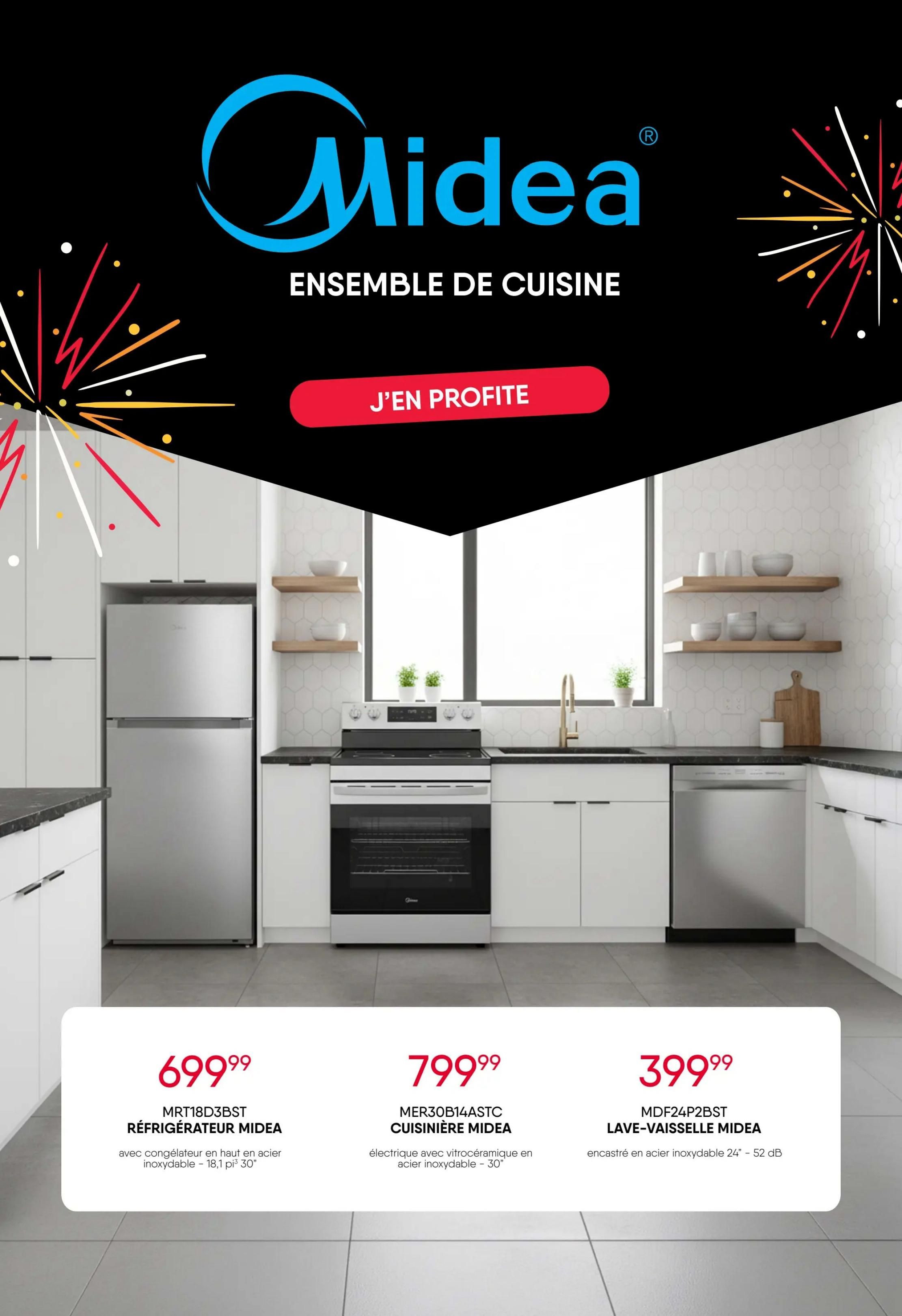 RD Furniture weekly flyer specials page 11 features Midea kitchen appliances. On sale is the Midea MRT18D3BST refrigerator with freezer on top in stainless steel, 18.1 cu. ft., for $699.99. Also available is the Midea MER30B14ASTC electric range with ceramic glass top in stainless steel, 30', for $799.99. Finally, the Midea MDF24P2BST built-in stainless steel dishwasher, 24' - 52 dB, is priced at $399.99. The page highlights 'J'en profite' which translates to 'Take advantage of it'.
