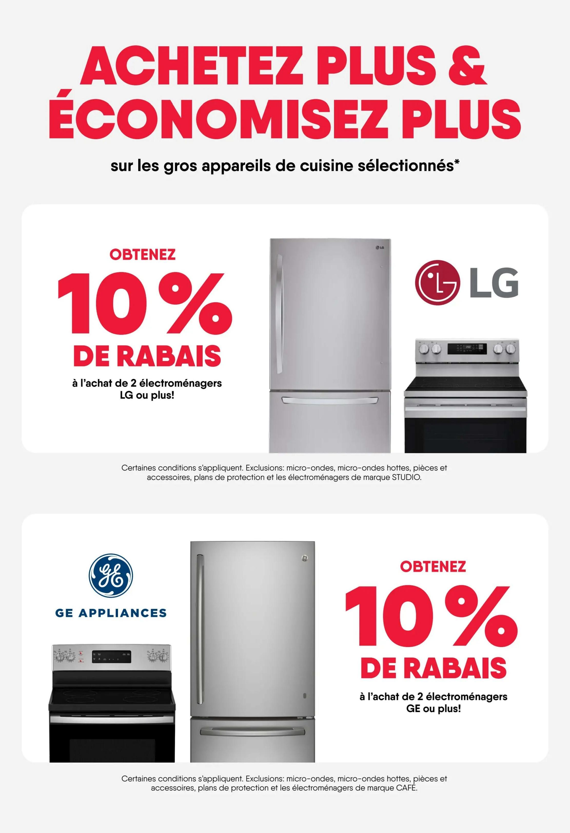 RD Furniture weekly flyer specials page 12 features a 'Buy More & Save More' promotion on select major kitchen appliances. Get 10% off when you purchase 2 or more LG appliances, including LG refrigerators and stoves. Also, get 10% off when you purchase 2 or more GE Appliances, including GE refrigerators and stoves. Exclusions apply to microwaves, range hoods, parts, protection plans, and STUDIO brand appliances.