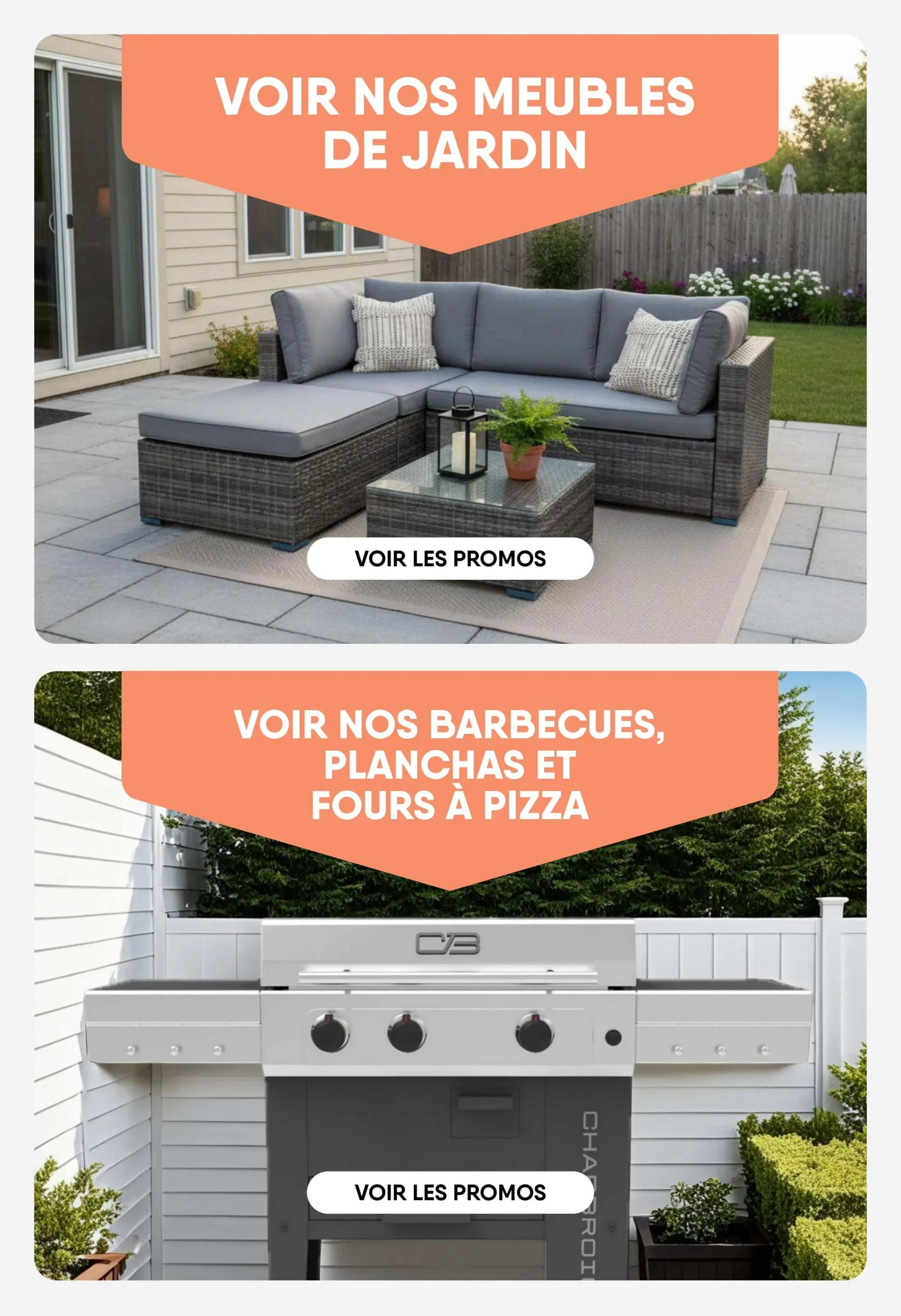 RD Furniture weekly flyer specials page 14 features outdoor living items. The top section showcases a grey sectional outdoor sofa set with cushions and a coffee table, inviting users to 'See Our Garden Furniture' and 'View Promotions'. The bottom section highlights barbecues, planchas, and pizza ovens, with text encouraging shoppers to 'See Our Barbecues, Grills, and Pizza Ovens' and 'View Promotions'.