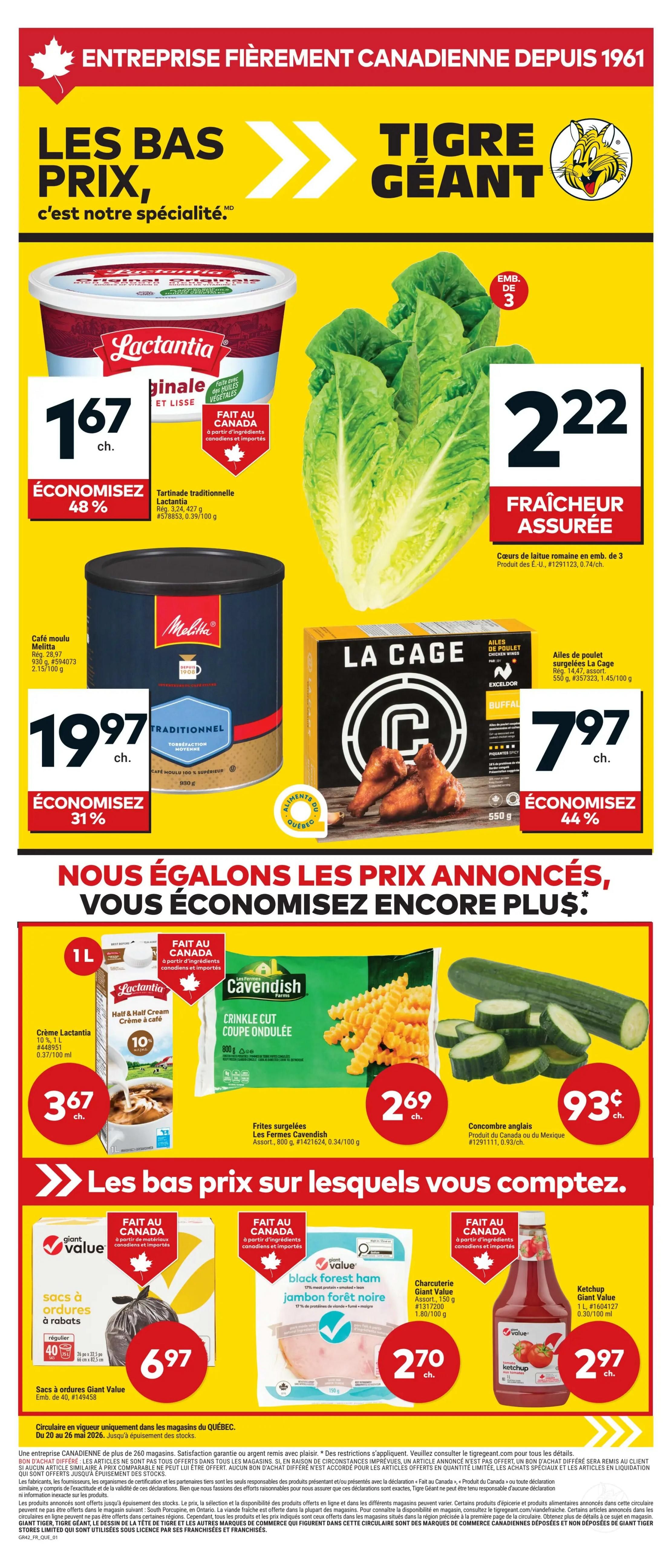 Giant Tiger weekly flyer specials for Quebec. This page features Lactantia traditional spread for $1.67, saving 48%, and a 3-pack of romaine lettuce hearts for $2.22. Also available is Melitta traditional ground coffee for $19.97, saving 31%, and La Cage chicken wings for $7.97, saving 44%. Below, find Cavendish crinkle cut fries for $2.69, and English cucumbers for $0.93. Giant Value garbage bags are $6.97, Giant Value black forest ham is $2.70, and Giant Value ketchup is $2.97. The flyer is valid from May 20 to May 26, 2026.