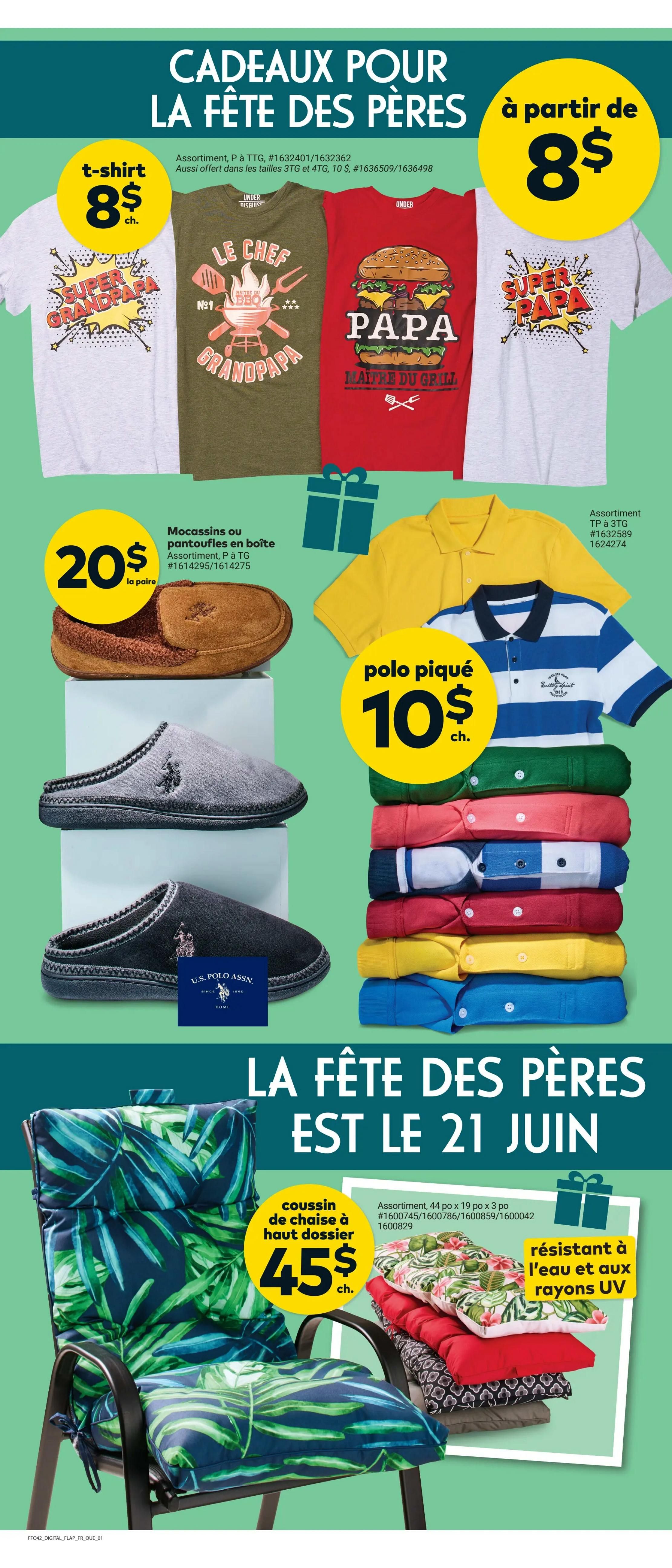 Giant Tiger Quebec flyer page 3 features Father's Day gift ideas. T-shirts with 'Super Grandpapa', 'Le Chef Grandpapa', and 'Papa Maître du Grill' designs are available starting at $8 each. Mocassins or slipper boots for men are $20 per pair. Striped and solid colour polo shirts are $10 each. High-back chair cushions with a tropical leaf print are $45, and are water and UV resistant. Father's Day is on June 21st.