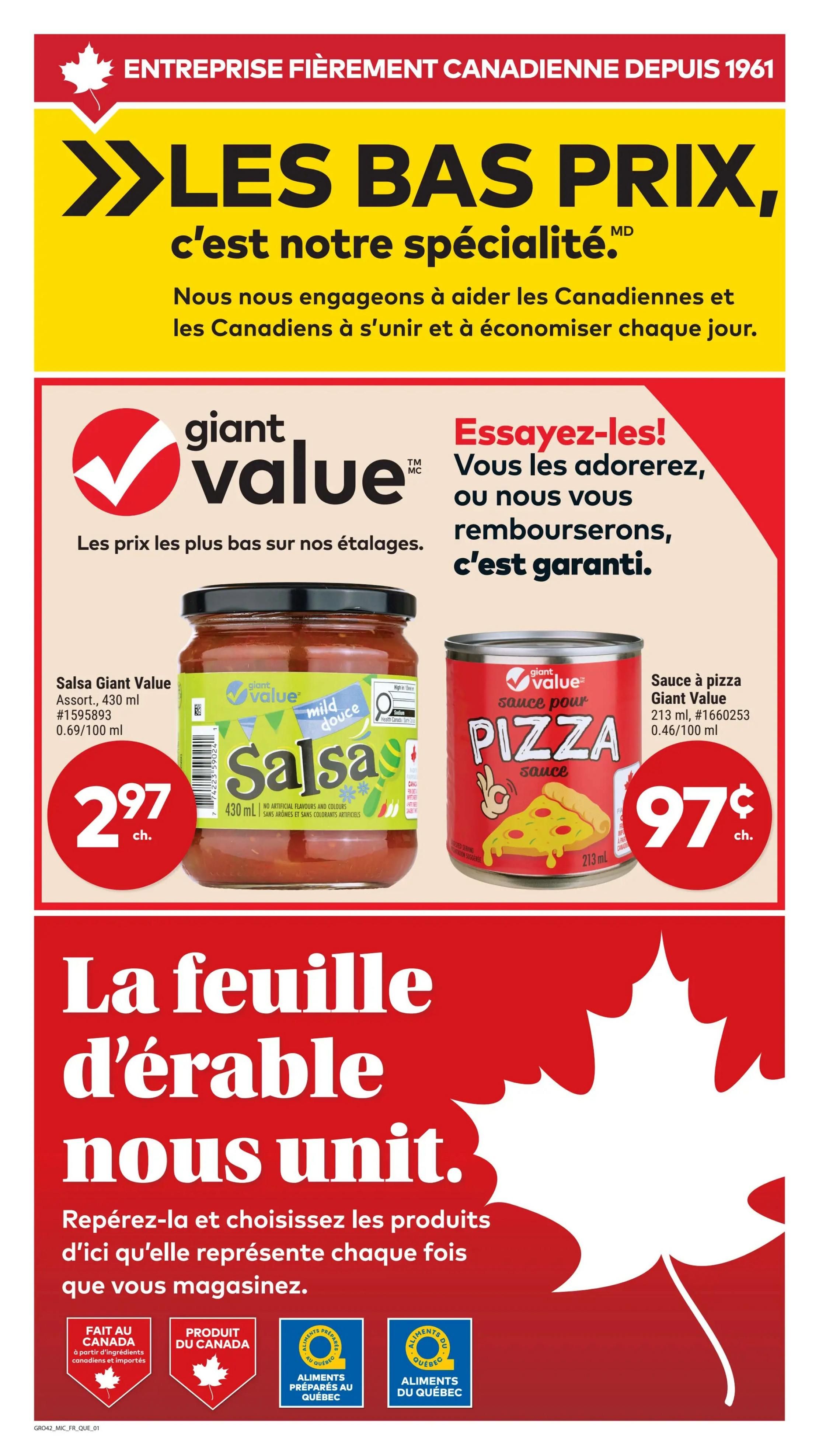 Giant Tiger flyer page 4 featuring 'Les Bas Prix, c'est notre spécialité' (Low Prices, our specialty) slogan. It highlights Giant Value Salsa, 430 ml, for $2.97, and Giant Value Pizza Sauce, 213 ml, for $0.97. The page also includes 'Try them! You'll love them, or we'll refund you, guaranteed.' messaging and 'La feuille d'érable nous unit' (The maple leaf unites us) with 'Repérez-la et choisissez les produits d'ici qu'elle représente chaque fois que vous magasinez.' (Spot it and choose the local products it represents every time you shop.) text. It also features 'Fait au Canada' (Made in Canada), 'Produit du Canada' (Product of Canada), and 'Aliments du Québec' (Quebec Food) logos.