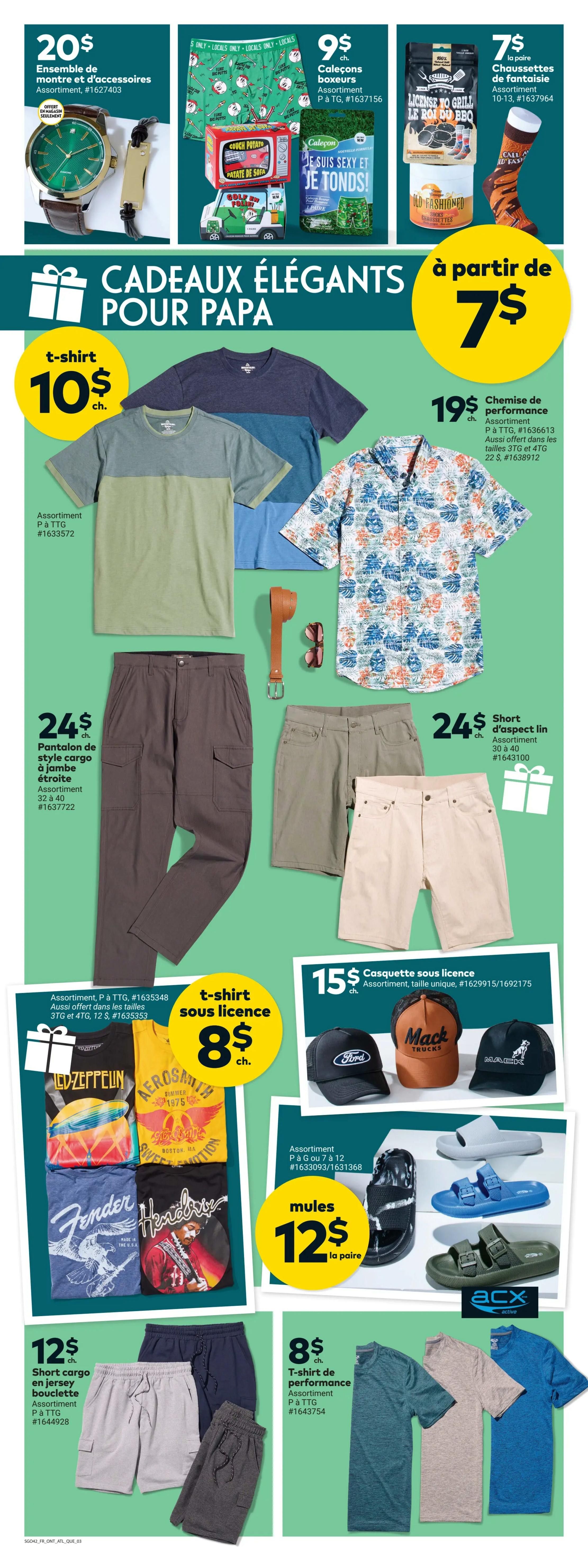 Giant Tiger Quebec flyer page 5 features 'Elegant Gifts for Dad' with various apparel and accessories. Top row includes a watch and accessory set for $20, assorted boxer briefs for $9, and novelty socks for $7. The main section showcases t-shirts starting at $10, performance t-shirts for $19, cargo pants for $24, and linen-look shorts for $24. Also featured are licensed t-shirts for $8, licensed baseball caps for $15, and mules for $12. Additional items include cargo shorts in jersey fleece for $12 and performance t-shirts for $8.