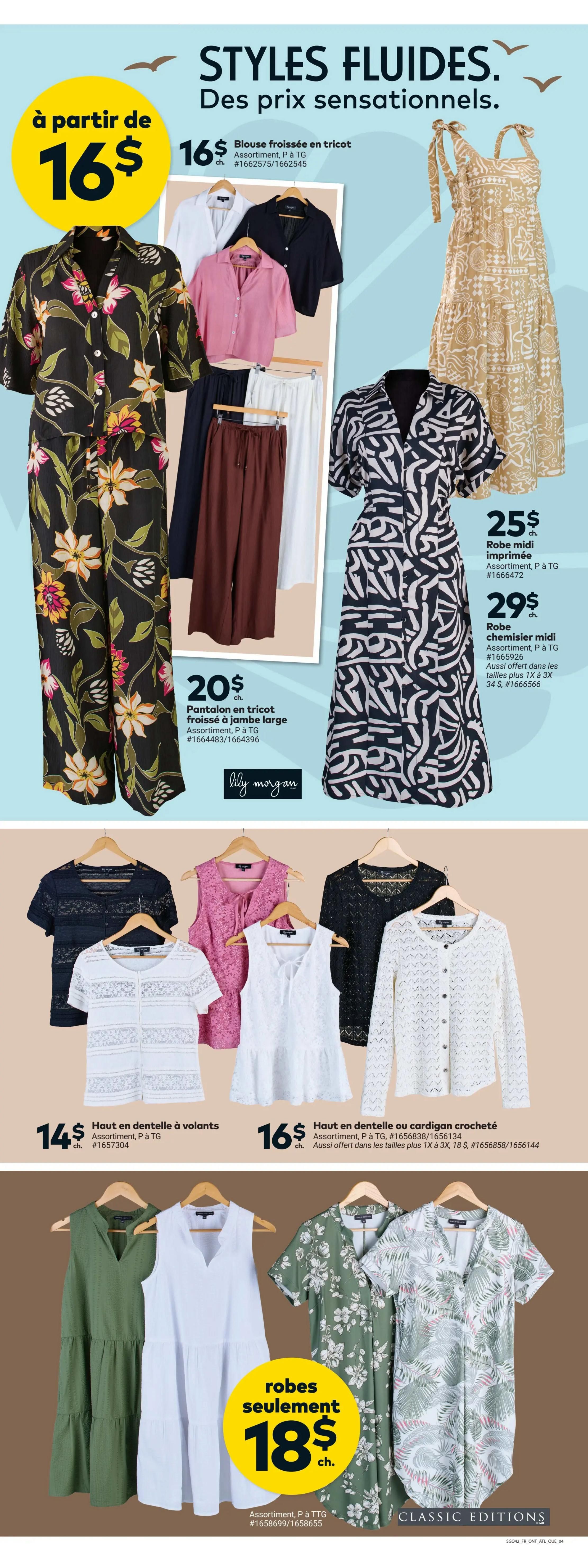 Giant Tiger weekly flyer specials page 6 features 'Fluid Styles' with sensational prices. Starting at $16, find a knit blouse in assorted colours. Also available for $20 are wide-leg knit pants in assorted colours. A printed midi dress is priced at $25, and a midi shirt dress is $29, with extended sizes available for the shirt dress from 1X to 3X. Below, discover lace tops and crochet cardigans starting at $14. A lace top with ruffles is $14, and a lace top or crochet cardigan is $16, with extended sizes available for the cardigan from 1X to 3X. Finally, dresses are only $18, available in assorted prints and colours.