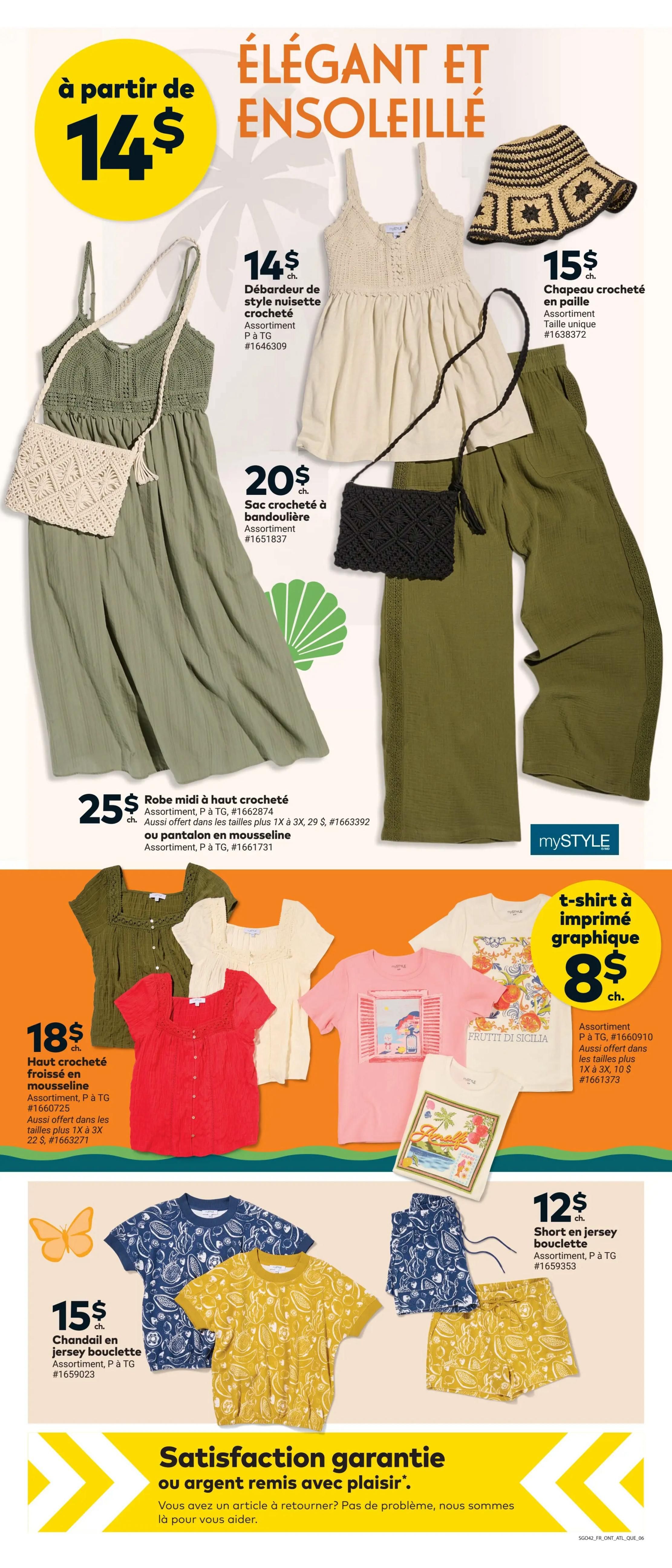 Giant Tiger Quebec weekly flyer specials page 8 features elegant and sunny summer fashion. Starting at $14, find a crochet camisole top in assorted colours, available in P to TG, #1646309. Also featured is a straw bucket hat for $15, one size, #1638372. A crochet crossbody bag is available for $20 in assorted colours, #1651837. A crochet midi dress with a crochet top is $25, available in P to TG, #1662874, and also in plus sizes 1X to 3X for $29, #1663392. Mousseline pants are also available for $25, P to TG, #1661731. On the next row, a crochet blouse in mousseline is $18, available in P to TG, #1660725, and in plus sizes 1X to 3X for $22, #1663271. Graphic print t-shirts are $8 each, available in P to TG, #1660910, and in plus sizes 1X to 3X for $10, #1661373. Also shown are jersey boucle sweaters for $15, P to TG, #1659023, and matching jersey boucle shorts for $12, P to TG, #1659353. The page includes a satisfaction guarantee or your money back message.