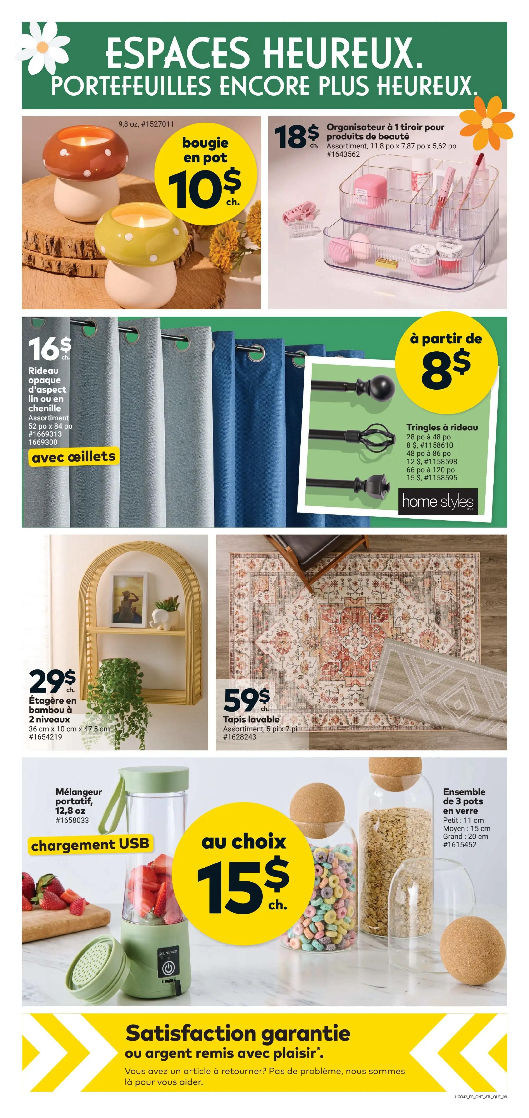 Giant Tiger weekly flyer specials page 10 features home decor and kitchen items. Get mushroom-shaped candles in a pot for $10. Organize your beauty products with a 1-drawer organizer for $18. Choose from opaque linen or chenille curtains, 52' x 84', for $16. Home Styles curtain rods are available starting at $8, with various sizes including 28' to 48', 48' to 86', and 66' to 120'. Add a touch of style with a 36 cm x 10 cm x 47.5 cm bamboo shelf for $29. Decorate your floor with a washable rug, 5 ft x 7 ft, for $59. Blend smoothies on the go with a portable USB charging blender, 12.8 oz, for $15. Also available are sets of 3 glass jars with cork lids in small (11 cm), medium (15 cm), and large (20 cm) sizes, priced at $15. The flyer also highlights a satisfaction guarantee or money-back offer.