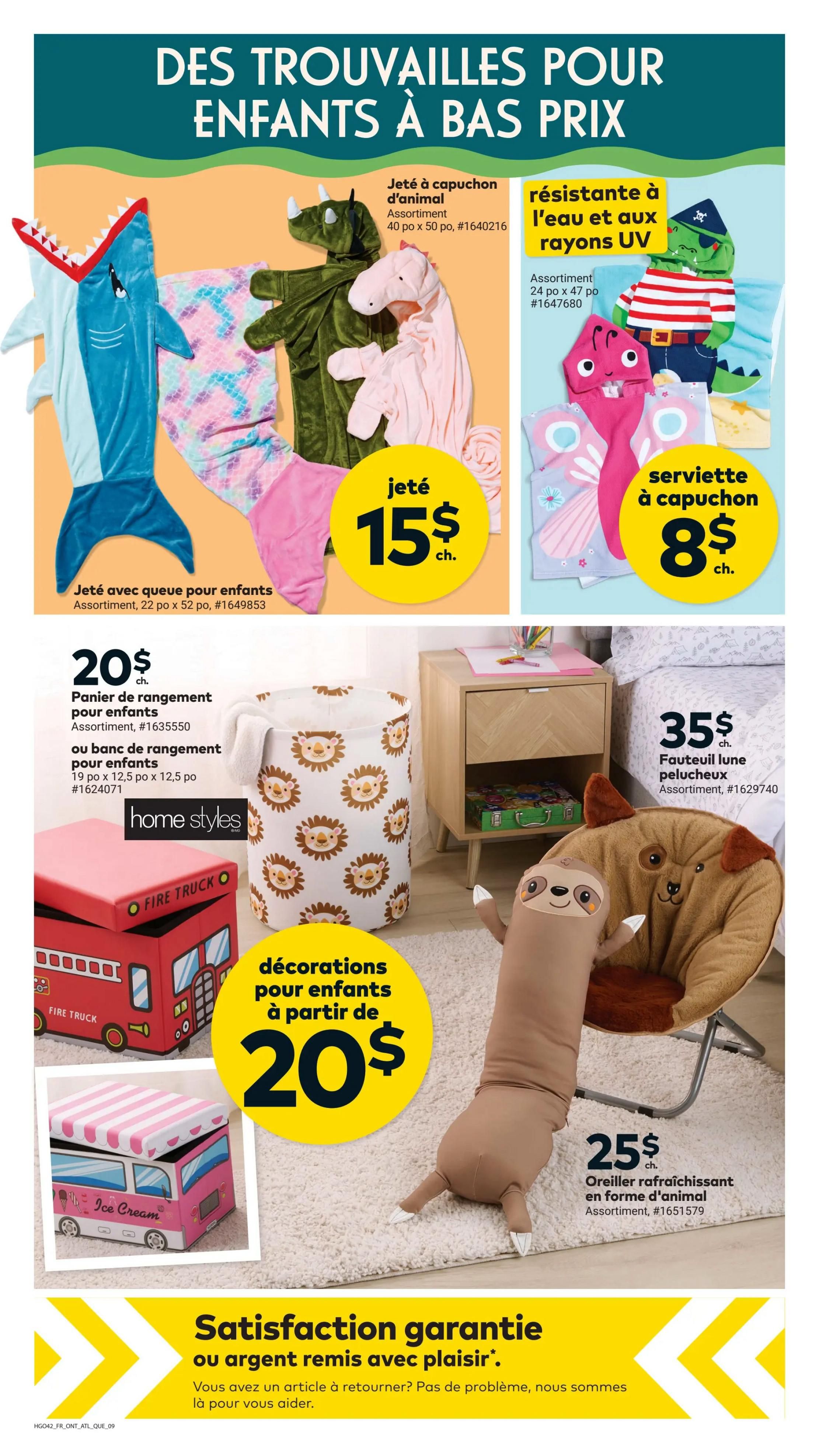 Giant Tiger weekly flyer specials page 11 features deals on children's items. Get a shark, dinosaur, or unicorn hooded blanket for $15 each. Also available is a kids' hooded towel assortment for $8 each. Storage solutions include a lion-print storage basket or a fire truck or ice cream truck storage bench for $20. Children's decorations start at $20. A plush sloth moon chair is $35, and a sloth-shaped cooling pillow is $25. The flyer also highlights a satisfaction guarantee or money back offer.