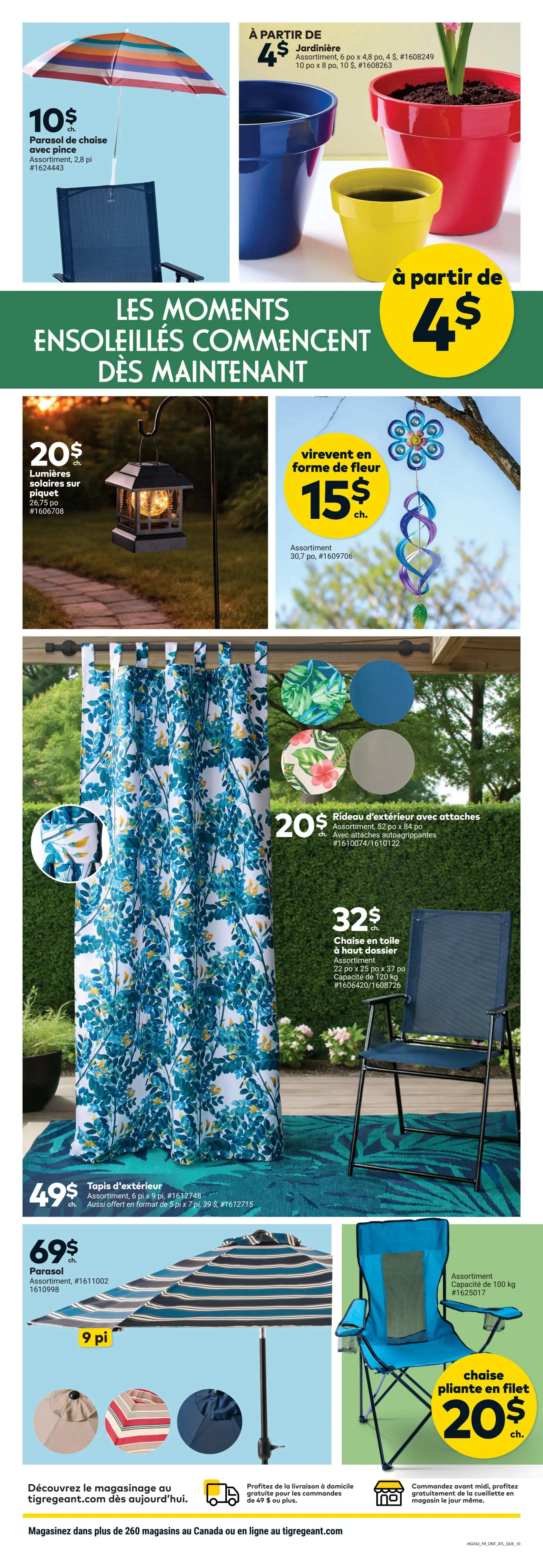 Giant Tiger weekly flyer specials page 12 features outdoor living items. A patio umbrella with clamp is $10. Assorted planters are available starting at $4. Solar-powered lantern lights are $20 each. A flower-shaped wind spinner is $15. Outdoor curtains with attachments are $20. A high-back canvas chair is $32. An outdoor rug is $49, also available in a 5 ft x 7 ft size for $39. A 9 ft parasol is $69. A folding chair with a 100 kg capacity is $20. Free home delivery is offered on orders over $49, and same-day in-store pickup is available for orders placed before noon.