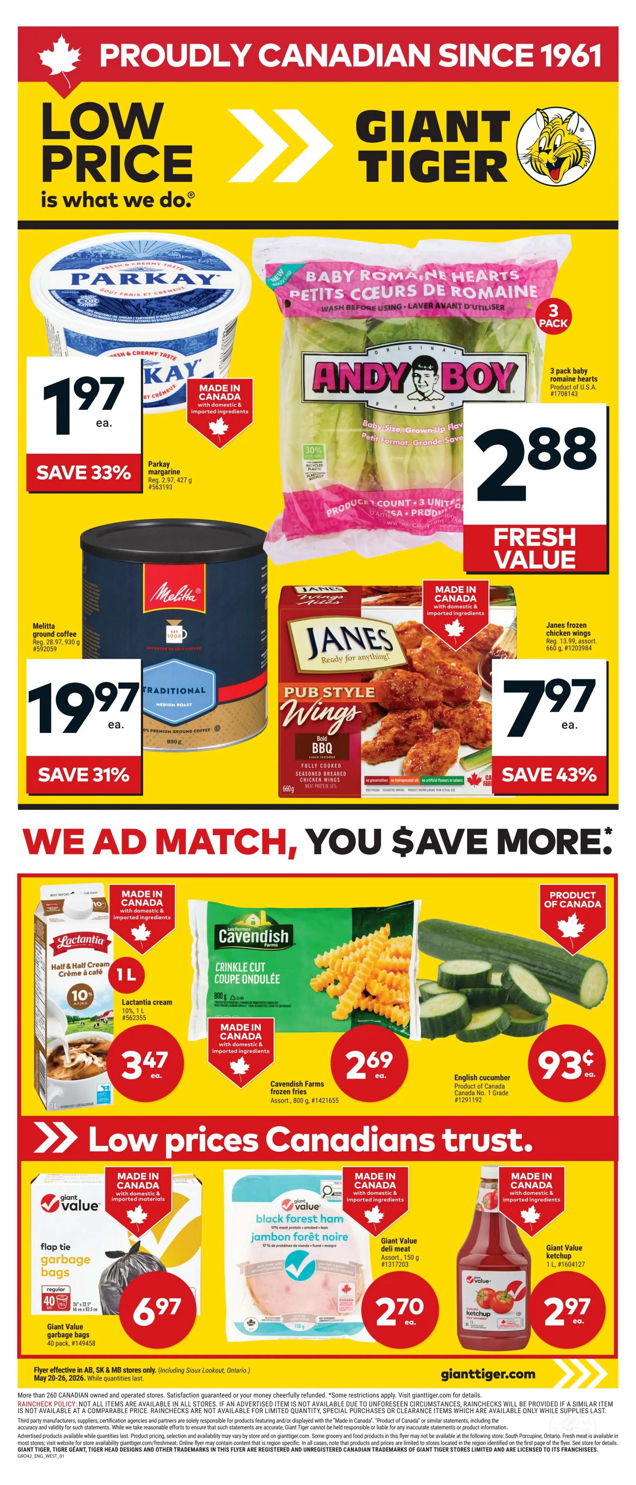 Giant Tiger weekly flyer specials for Western Canada. This page features a low price guarantee. On sale: Parkay margarine for $1.97 with 33% savings, Andy Boy 3 pack baby romaine hearts for $2.88, and Melitta traditional medium roast ground coffee, 930 g, for $19.97 with 31% savings. Also featured are Janes Pub Style BBQ chicken wings for $7.97 with 43% savings. Below the 'We Ad Match, You Save More' section, find Lactantia cream 10%, 1 L, for $3.47, Cavendish Farms crinkle cut frozen fries, 800 g, for $2.69, and English cucumber for $0.93. The bottom section highlights 'Low prices Canadians trust' with Giant Value flap tie garbage bags, 40 pack, for $6.97, Giant Value deli meat, 150 g, for $2.70, and Giant Value ketchup, 1 L, for $2.97. Flyer effective May 20-26, 2026, while quantities last.