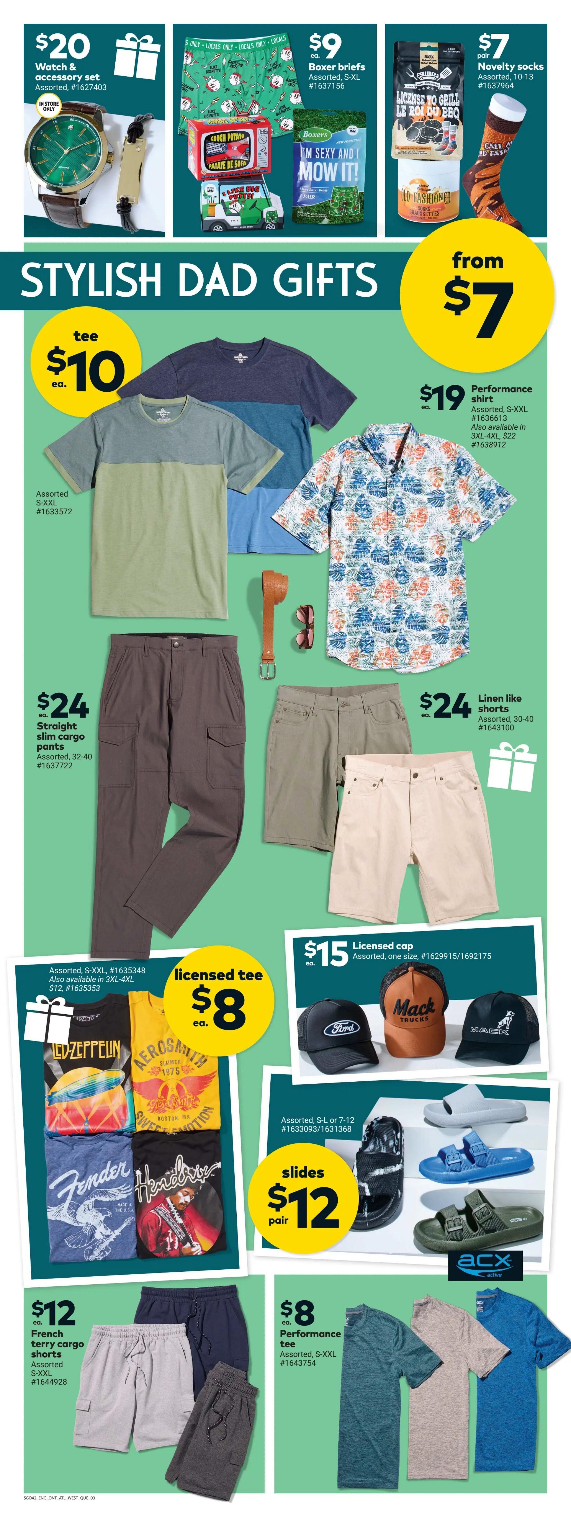 Giant Tiger Western Canada flyer page 5 features 'Stylish Dad Gifts'. Top row includes a $20 watch and accessory set, $9 boxer briefs, and $7 novelty socks. The main section showcases $10 assorted tees, $19 performance shirts available in S-XXL and 3XL-4XL, $24 straight slim cargo pants, and $24 linen-like shorts. Also featured are $8 licensed tees with designs like Led Zeppelin, Aerosmith, Fender, and Jimi Hendrix. Additionally, there are $15 licensed caps from Ford and Mack Trucks, $12 slides in various styles, $12 French terry cargo shorts, and $8 performance tees.