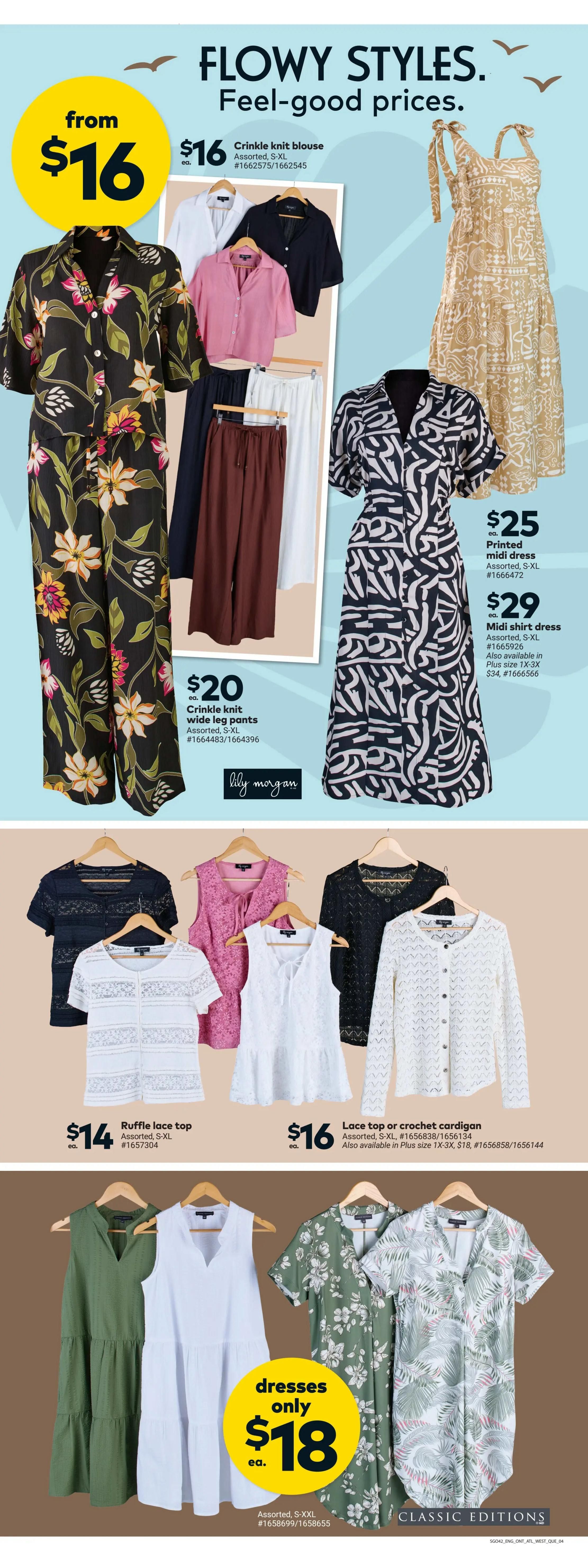 Giant Tiger flyer page 6 featuring 'Flowy Styles. Feel-good prices.' Collection. Offers include a floral print jumpsuit from $16, crinkle knit blouses for $16, crinkle knit wide leg pants for $20, a printed midi dress for $25, and a midi shirt dress for $29. Also available are ruffle lace tops for $14, and lace tops or crochet cardigans for $16. The collection also features 'Classic Editions' dresses for only $18. All items are assorted sizes S-XL unless otherwise specified.