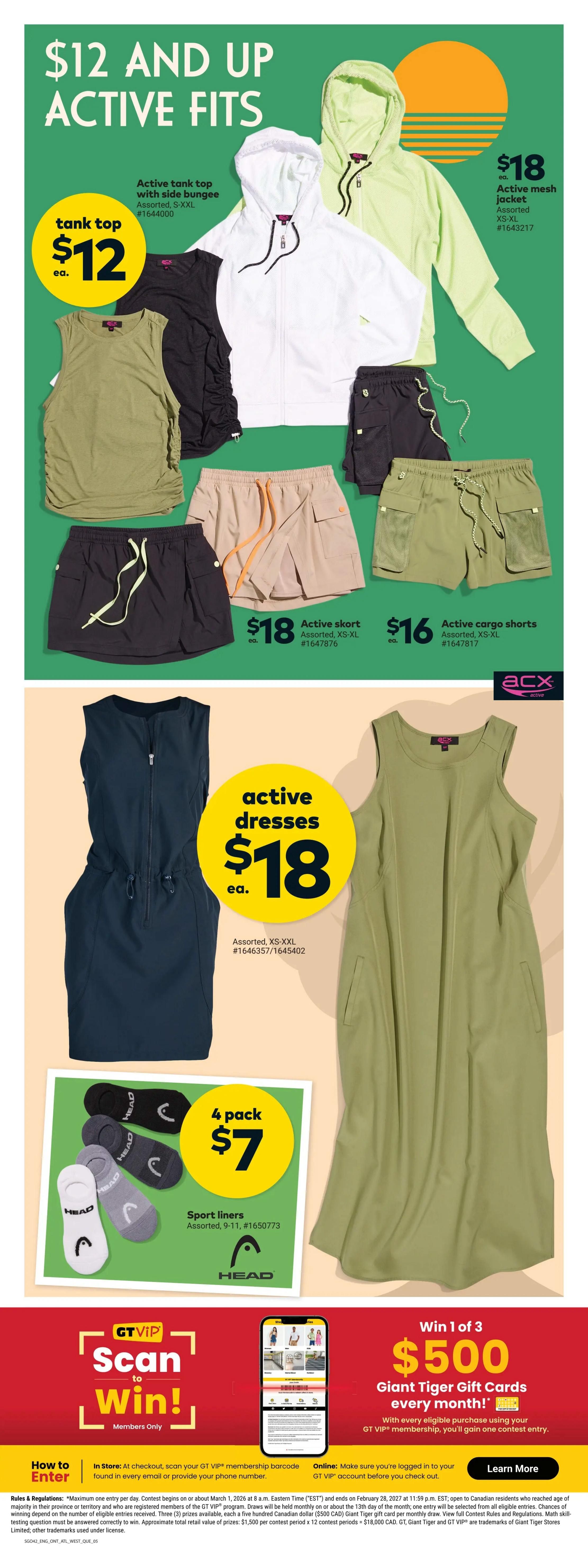 Giant Tiger weekly flyer specials page 7 features '$12 AND UP ACTIVE FITS'. Get active tank tops for $12 each, available in assorted bungee styles and sizes S-XXL. Also find active mesh jackets for $18 each, assorted sizes XS-XL. Active skorts are $18 each, assorted sizes XS-XL. Active cargo shorts are $16 each, assorted sizes XS-XL. Active dresses are $18 each, assorted sizes XS-XXL. Stay comfortable with a 4-pack of Head sport liners, sizes 9-11, for $7. The page also promotes the GT VIP 'Scan to Win!' contest with a chance to win one of three $500 Giant Tiger gift cards every month. Learn more about how to enter online or in-store.