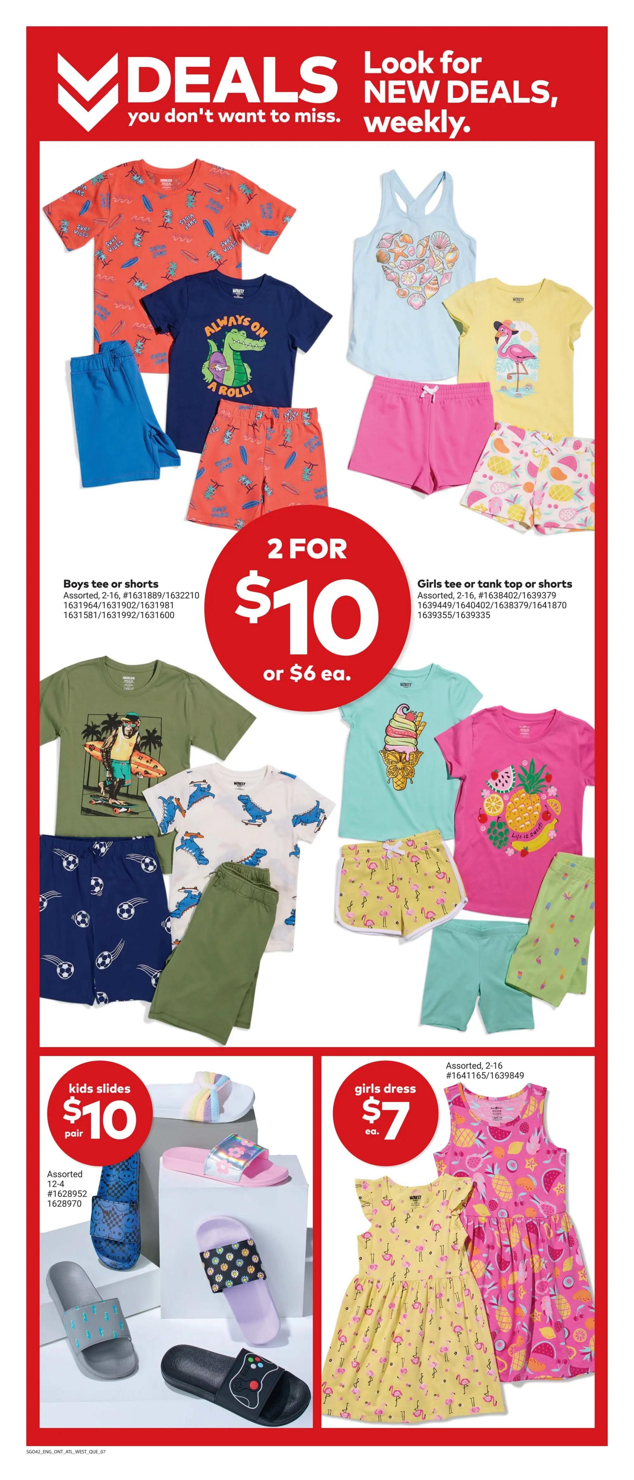 Giant Tiger weekly flyer specials page 9 features kids' apparel and footwear. Boys' tees or shorts are on sale 2 for $10 or $6 each, with assorted styles including dinosaur and surf graphics. Girls' tees or tank tops and shorts are also available, with designs featuring hearts, flamingos, and ice cream cones. Additionally, kids' slides are priced at $10 per pair, with various patterns like smiley faces, rainbows, and game controllers. Girls' dresses are available for $7 each, featuring bright fruit and flamingo prints.