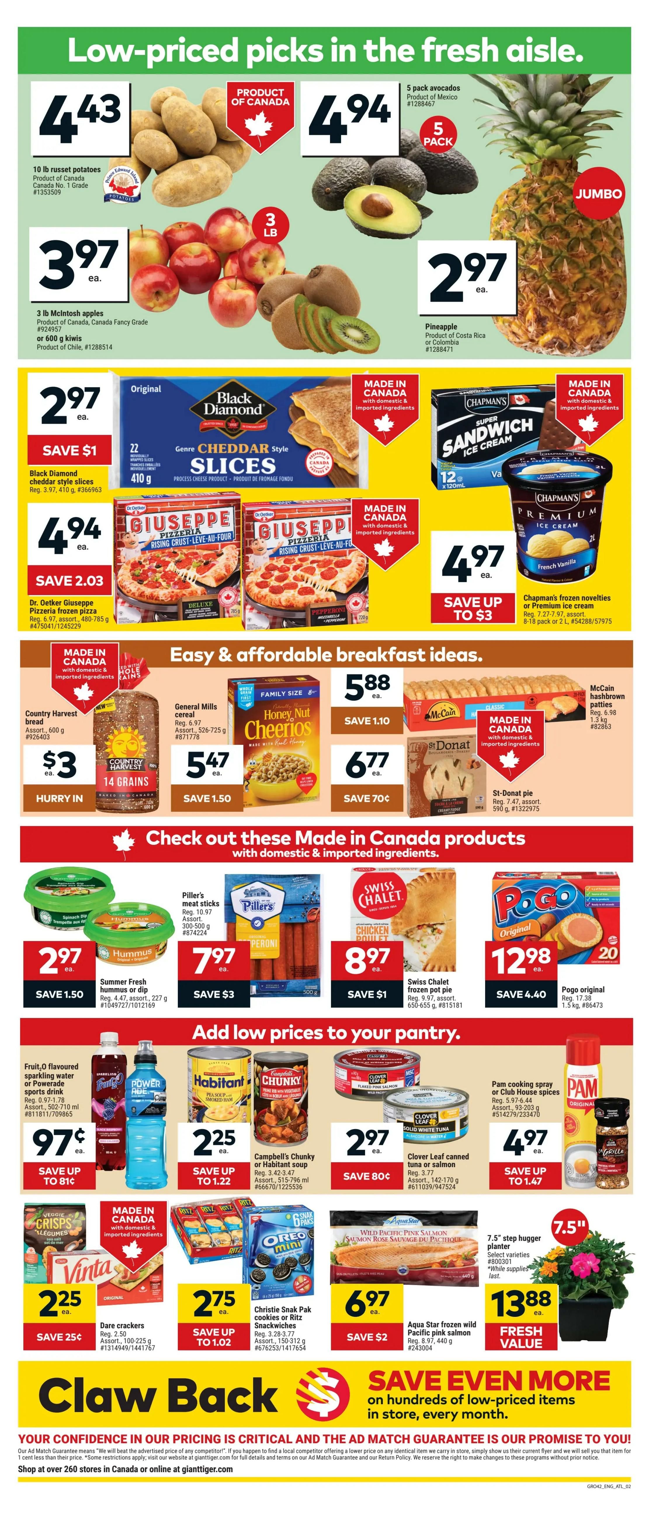 Giant Tiger Atlantic Canada weekly flyer specials page 2. Featured are 10 lb russet potatoes for $4.43, 3 lb McIntosh apples and 600g kiwis for $3.97, and 5 pack avocados for $4.94. A jumbo pineapple is $2.97. Black Diamond cheddar style slices are $2.97, save $1. Dr. Oetker Giuseppe Pizzeria frozen pizzas are $4.94, save $2.03. Chapman's frozen novelties or premium ice cream is $4.97. Breakfast ideas include Country Harvest bread for $3, General Mills cereal for $5.47, save $1.50, and Christie Snack Pak cookies or Ritz Snackwiches for $2.75, save up to $1.02. McCain hashbrown patties are $6.77, save $0.70. St-Donat pie is $6.77. Made in Canada products include Summer Fresh hummus or dip for $2.97, save $1.50. Piller's meat sticks are $7.97. Swiss Chalet frozen pot pie is $8.97, save $1. Pogo original is $12.98, save $4.40. Add low prices to your pantry with Fruit, O flavoured sparkling water or Powerade sports drink for $0.97, save up to $0.81. Campbell's Chunky or Habitant soup is $2.25, save up to $1.22. Clover Leaf canned tuna or salmon is $2.97, save $0.80. Pam cooking spray or Club House spices are $4.97, save up to $1.47. Vinta Dare crackers are $2.25, save $0.25. Aqua Star frozen wild Pacific pink salmon is $6.97, save $2. A 7.5' hugger planter is $13.88. The flyer also highlights 'Claw Back' savings and an ad match guarantee.
