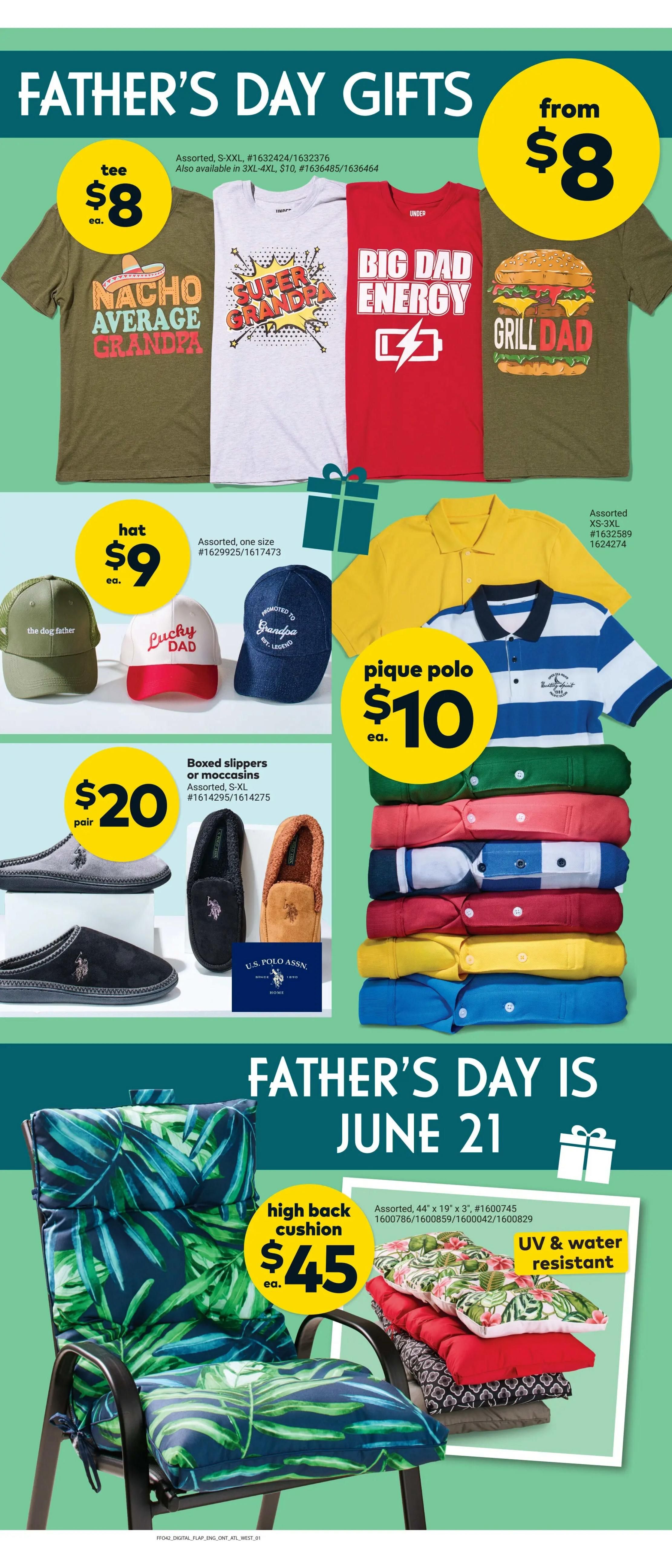 Giant Tiger Father's Day Gifts page featuring various items for dad. T-shirts with slogans like 'Nacho Average Grandpa', 'Super Grandpa', 'Big Dad Energy', and 'Grill Dad' are available starting from $8. Hats, including 'the dog father' and 'Lucky Dad' styles, are priced at $9 each. A selection of pique polo shirts is offered at $10 each. Boxed slippers or moccasins are available for $20 per pair. Additionally, high-back cushions measuring 44' x 19' x 3' are priced at $45 each and are UV & water resistant. Father's Day is on June 21.