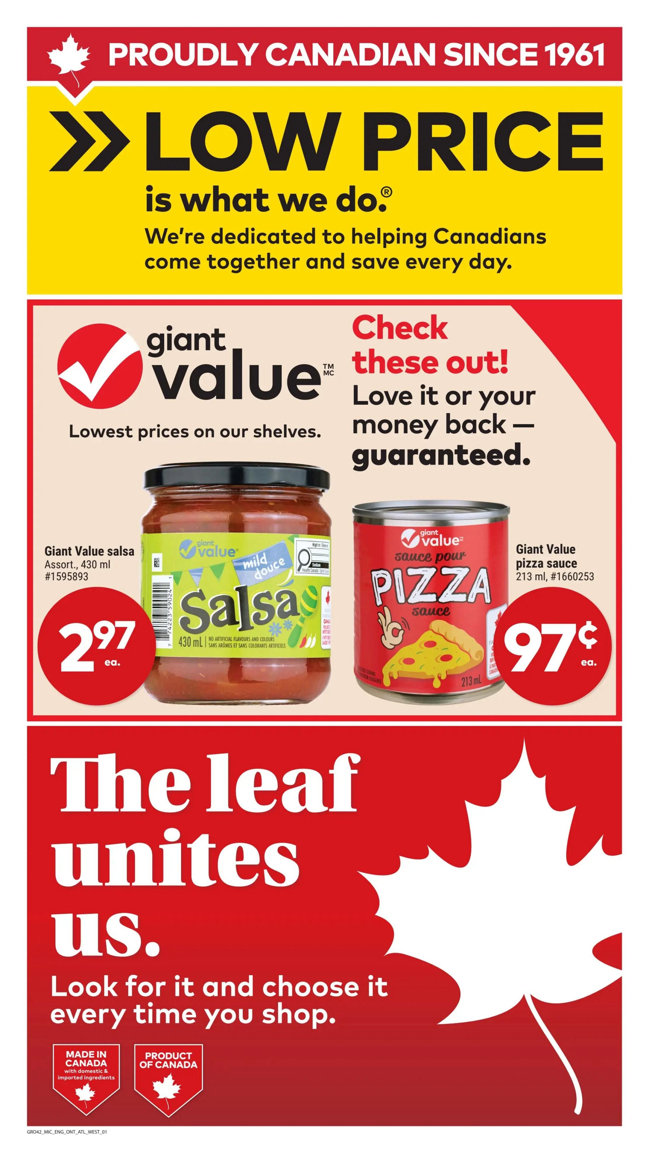 Giant Tiger flyer page 4 features 'Low Price is What We Do' with a dedication to helping Canadians save. Featured products include Giant Value salsa, 430 ml, for $2.97 each, and Giant Value pizza sauce, 213 ml, for $0.97 each. The page emphasizes 'Made in Canada' and 'Product of Canada' with a prominent maple leaf graphic and the slogan 'The leaf unites us. Look for it and choose it every time you shop.