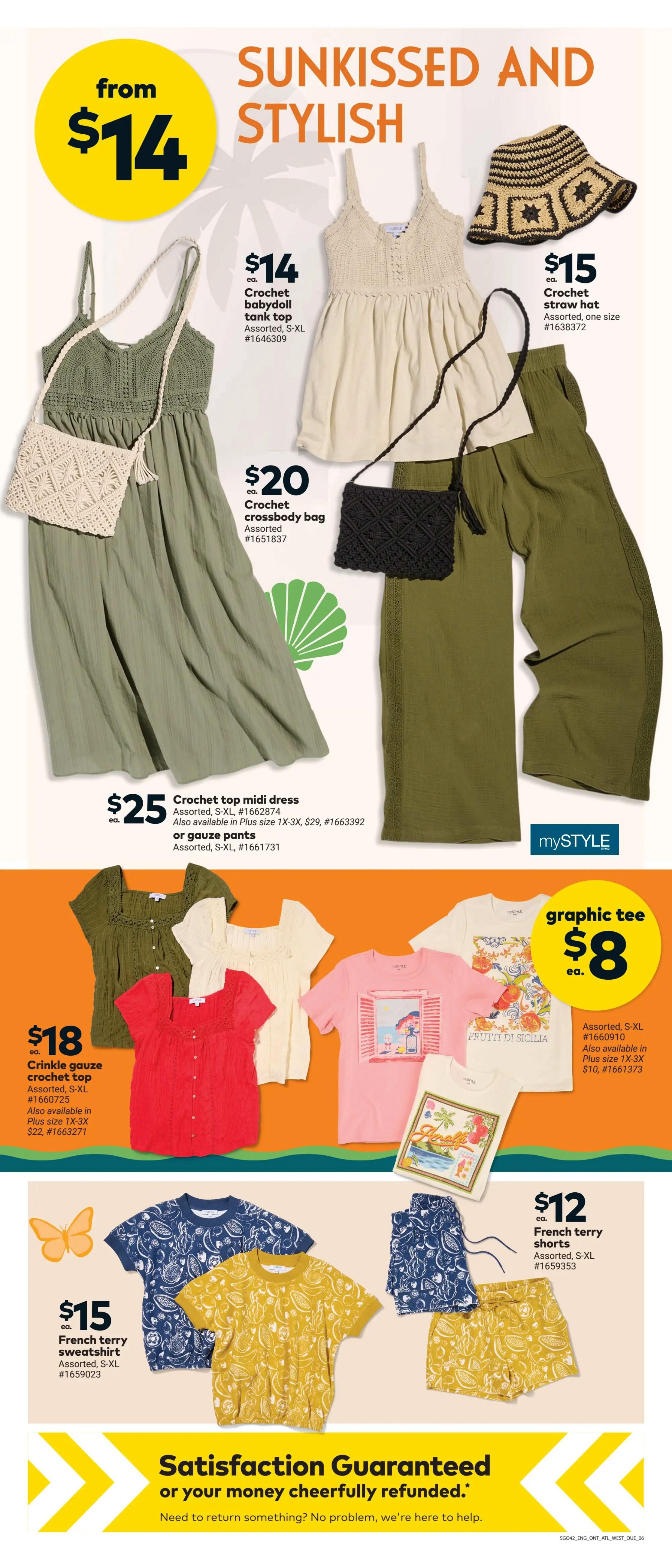 Giant Tiger Atlantic Canada flyer page 8 features 'Sunkissed and Stylish' apparel. Offers include a crochet babydoll tank top for $14, a crochet straw hat for $15, and a crochet crossbody bag for $20. Also available is a crochet top midi dress for $25, or gauze pants for $25. Featured are crinkle gauze crochet tops for $18, available in assorted S-XL sizes and plus sizes 1X-3X for $22. Graphic tees are $8 each, available in assorted S-XL sizes, with plus sizes 1X-3X for $10. French terry sweatshirts are $15, and French terry shorts are $12, both in assorted S-XL sizes. The page also includes a satisfaction guarantee message.