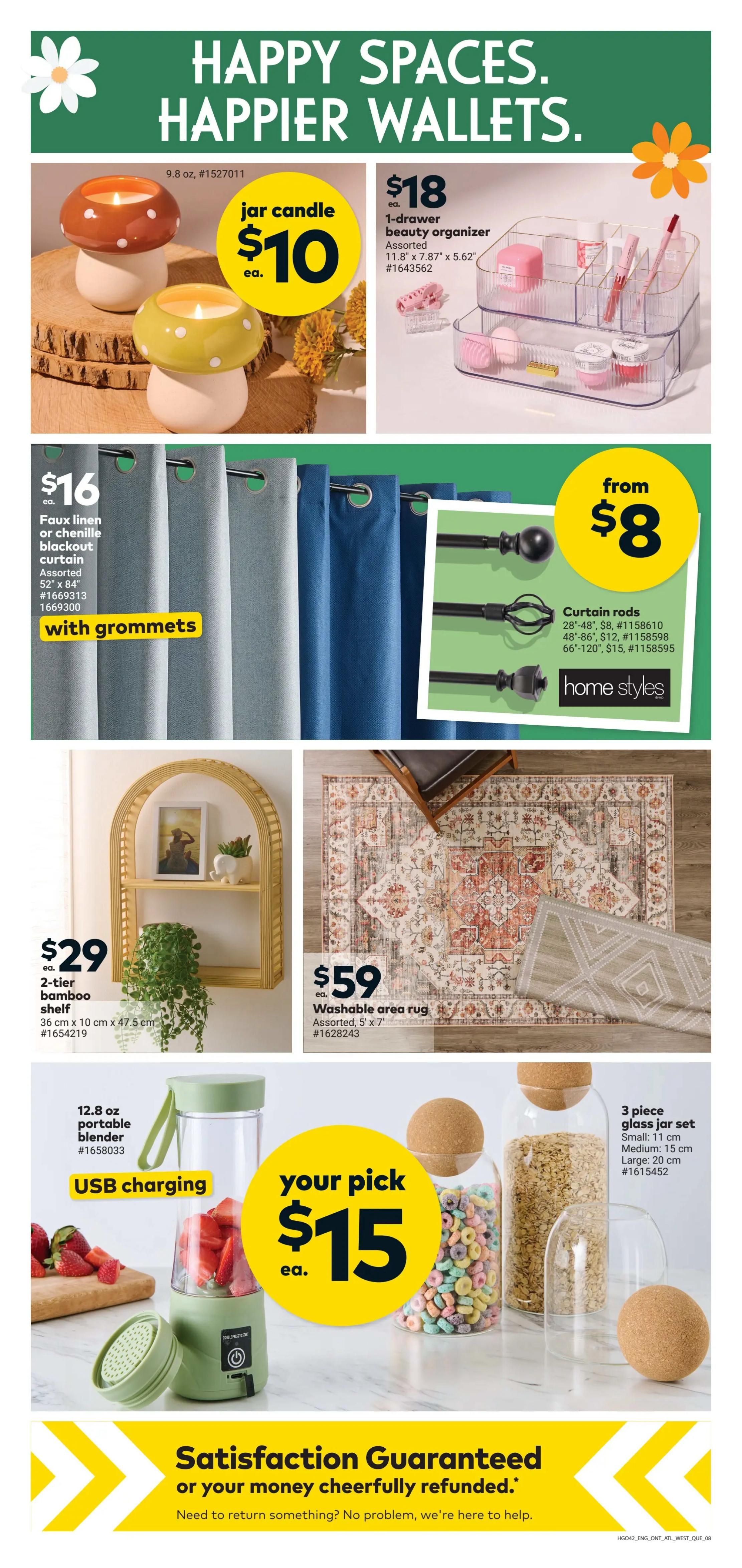 Giant Tiger Atlantic Canada flyer page 10 features home decor and kitchen items. Get a 9.8 oz jar candle for $10, or a 1-drawer beauty organizer for $18. Faux linen or chenille blackout curtains (52' x 84') are $16 with grommets. Curtain rods are available from $8 in various lengths: 28'-48' for $8, 48'-86' for $12, and 66'-120' for $15. Decorate your floor with a washable area rug (5' x 7') for $59. Add a stylish touch with a 2-tier bamboo shelf (36 cm x 10 cm x 47.5 cm) for $29. Your pick of a 12.8 oz portable blender with USB charging or a 3-piece glass jar set (small 11 cm, medium 15 cm, large 20 cm) is $15. The page also highlights a satisfaction guarantee.