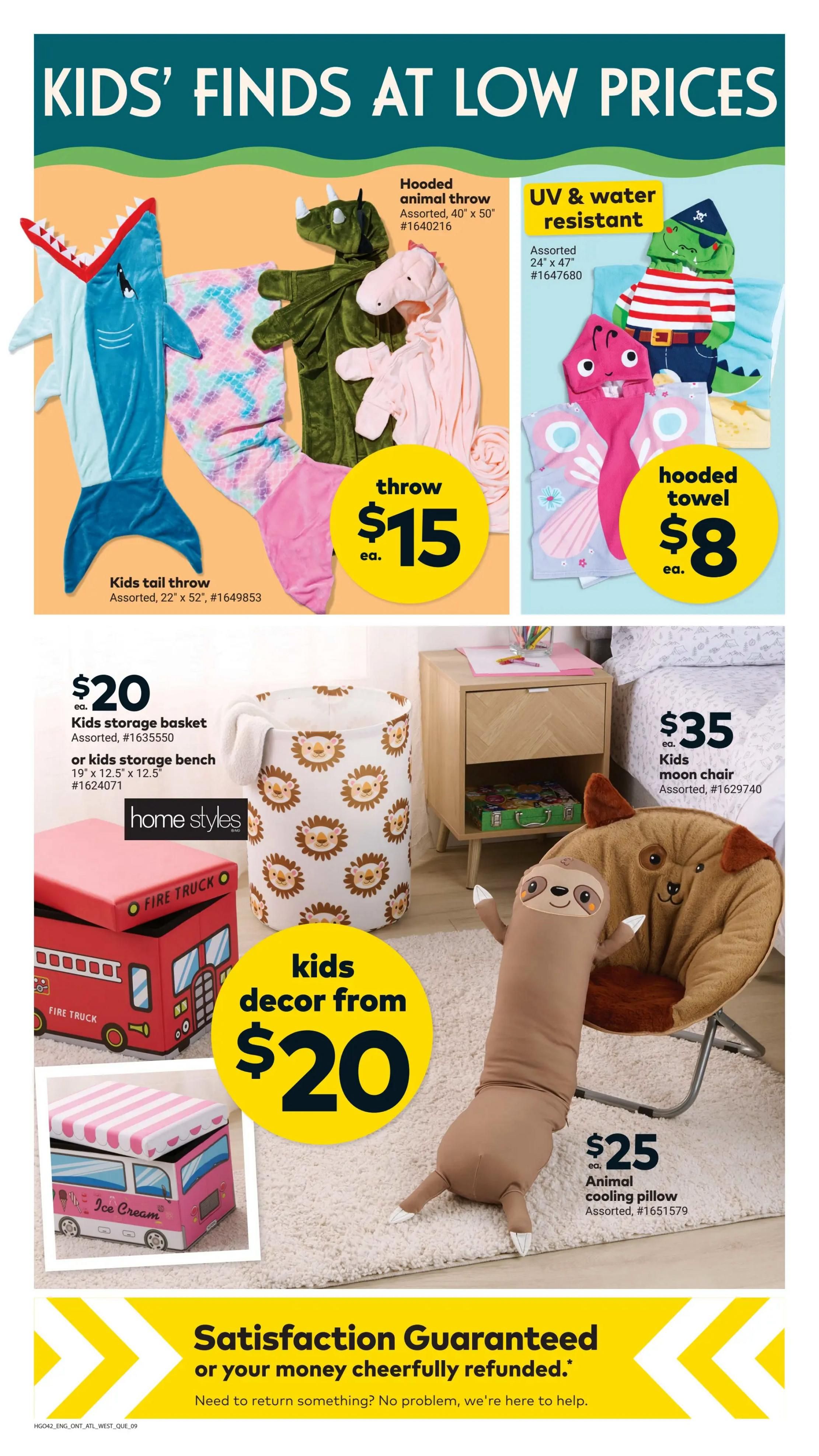 Giant Tiger Atlantic Canada flyer page featuring kids' finds at low prices. Includes hooded animal throws in shark, dinosaur, and unicorn designs for $15 each, and kids tail throws for $15. Also available are UV & water resistant hooded towels for $8 each, featuring pirate alligator and butterfly designs. Kids storage options include a basket or bench for $20, and a fire truck or ice cream truck storage bin. Kids decor starts from $20. Additionally, a kids moon chair is priced at $35, and an animal cooling pillow is $25. The page concludes with a satisfaction guarantee message.