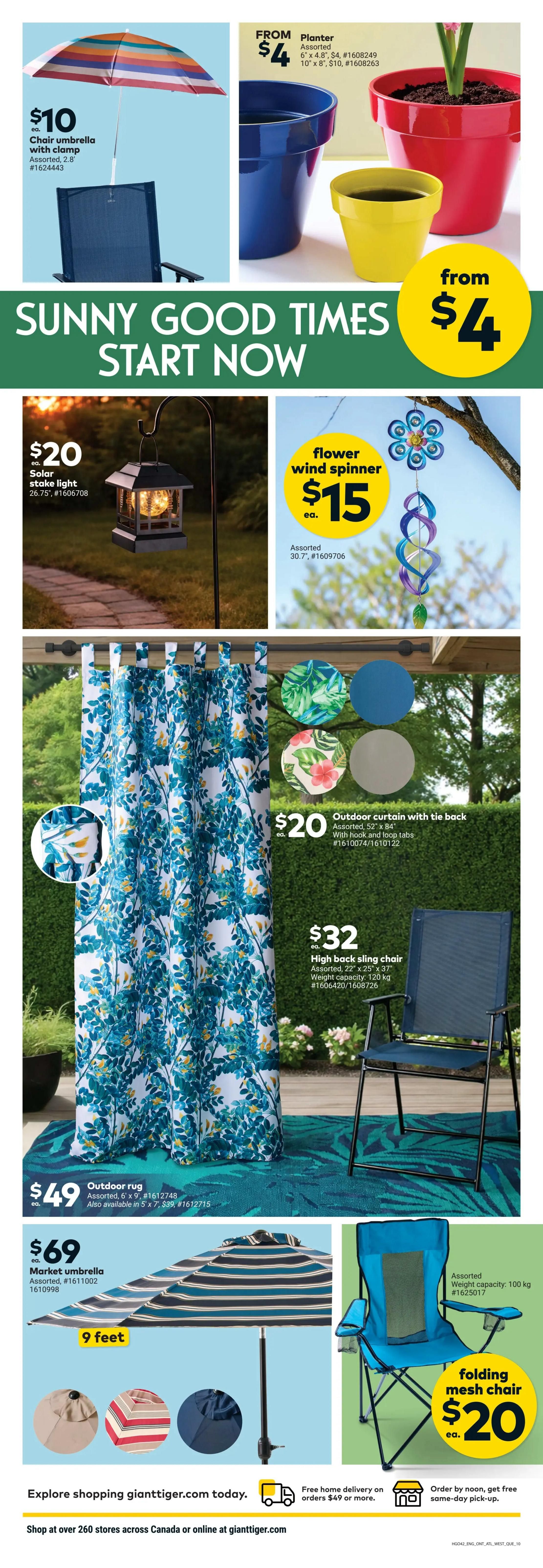 Giant Tiger Atlantic Canada flyer page 12 features 'Sunny Good Times Start Now' with various outdoor items. A chair umbrella with clamp is $10. Assorted planters start from $4. A solar stake light is $20. A flower wind spinner is $15. Outdoor curtains with tie back are $20. A high back sling chair is $32, with a weight capacity of 120 kg. An outdoor rug is $49, available in 6' x 9' and 5' x 7' for $39. A 9-foot market umbrella is $69. A folding mesh chair is $20. Explore shopping at gianttiger.com for free home delivery on orders over $49 or get free same-day pick-up by ordering by noon.