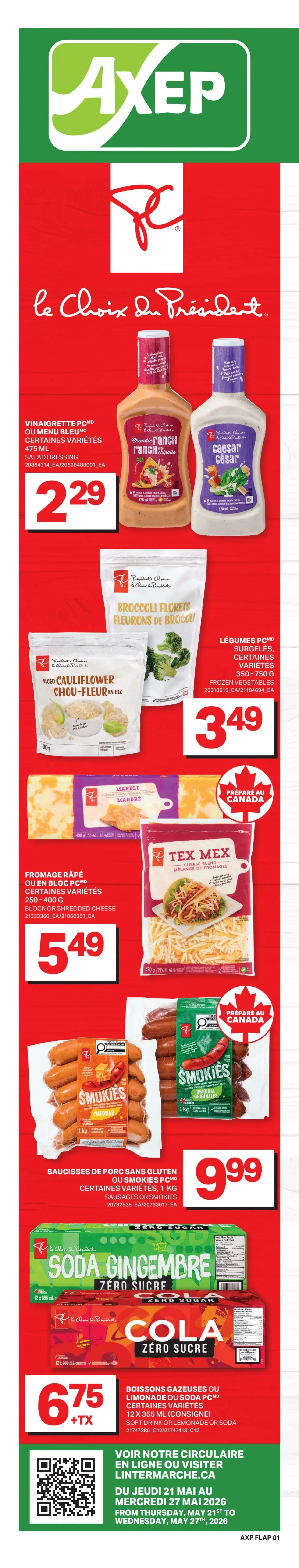Axep weekly flyer specials page 2 features Naturally Imperfect potatoes, 15 lb bag, for $4.79. Also available are Ace Bakery Sourdough Bistro bread, Classic and Multigrain varieties, 545-700g, for $4.99. Classico pasta sauces, including Spicy Red Pepper and Alfredo, 218-600 mL, are on sale for $3.99. Finally, Sans Nom Format Club frozen ice cream sandwiches or bars, 24/30 units, are priced at $10.49 plus tax.