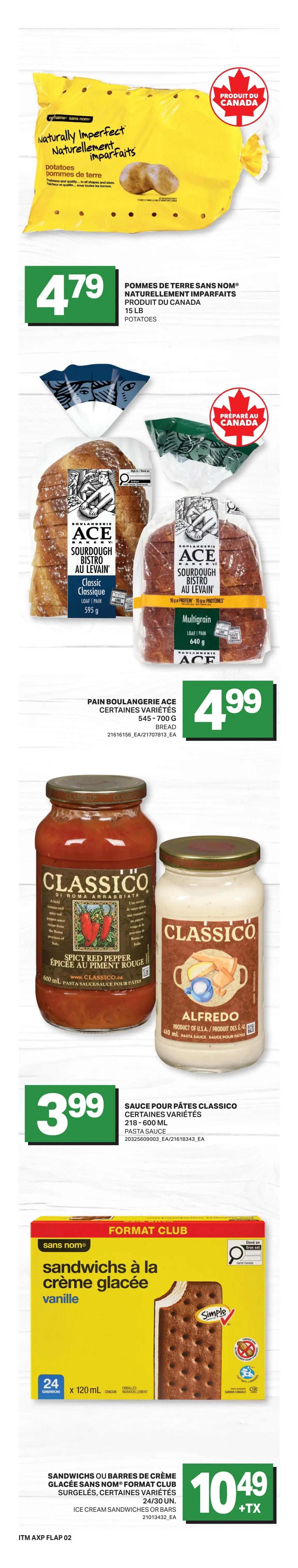 Axep weekly flyer page 3 featuring various food specials. Pork back ribs are $4.99/lb. Medium ground beef is $5.49/lb. Fresh strawberries are $3.99. Yellow or red bell peppers are $2.29/lb. Seaquest frozen bay scallops and Pacific white shrimp are $5.99 for 400g or 300g packages. La Pizzeria pepperoni is $7.99 for a 900g package. Del Monte Litchi or Oasis juice are $1.49 for 960ml or 1L. Christie Chips Ahoy! cookies are $2.99 for 224-303g packages. Rehausseur de café International Delight or Tropicana juice drinks are $4.49 for 946ml or 1.75L. Hungry-Man or Healthy Choice frozen meals are $3.99. Terra Delyssa extra virgin olive oil is $9.49 for 1L. Palmolive or Dawn dishwashing liquid is $2.49 plus tax.