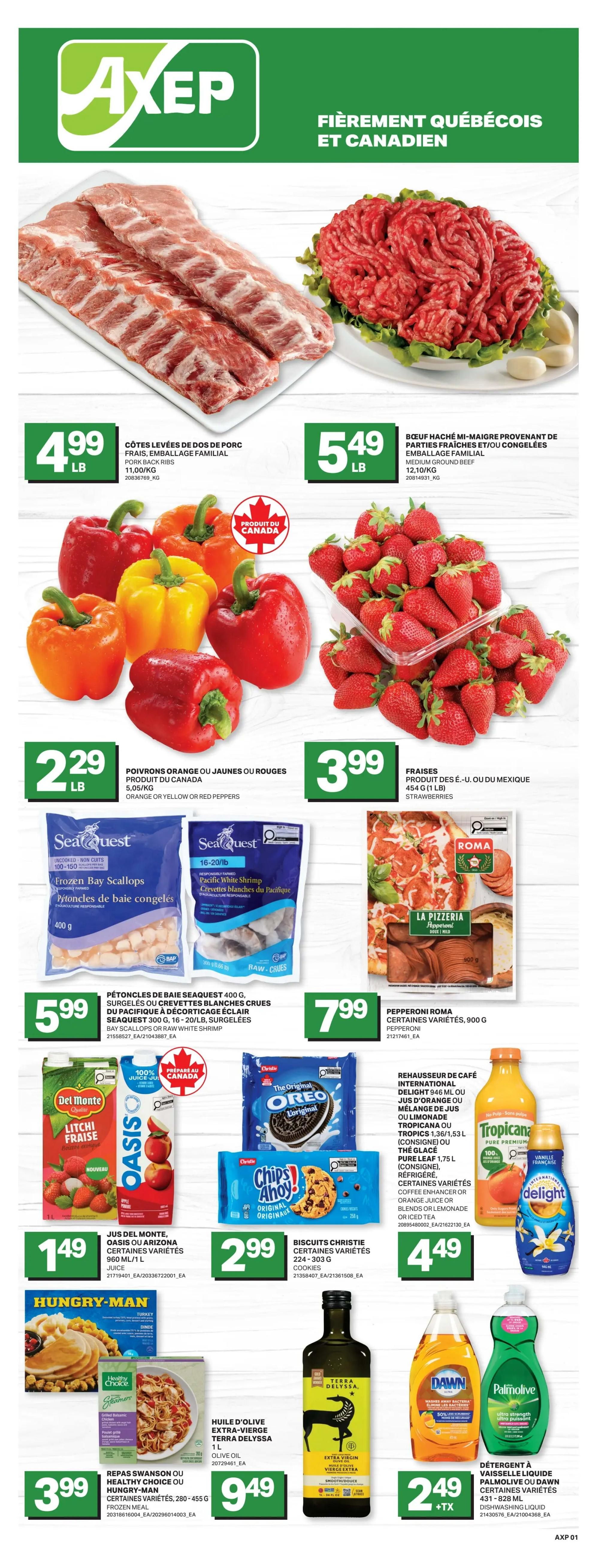 Axep flyer page 1 featuring President's Choice products. Offers include PC Salad Dressings in various flavours for $2.29, PC Frozen Broccoli Florets and Frozen Cauliflower Rice for $3.49, and PC Block or Shredded Cheese in various varieties (250-400g) for $5.49. Also featured are PC Gluten-Free Pork Sausages or Smokies (1kg) for $9.99, and PC Soft Drink or Lemonade or Soda (12 x 355ml) for $6.75 plus tax and deposit. The flyer is valid from Thursday, May 21st to Wednesday, May 27th, 2026.