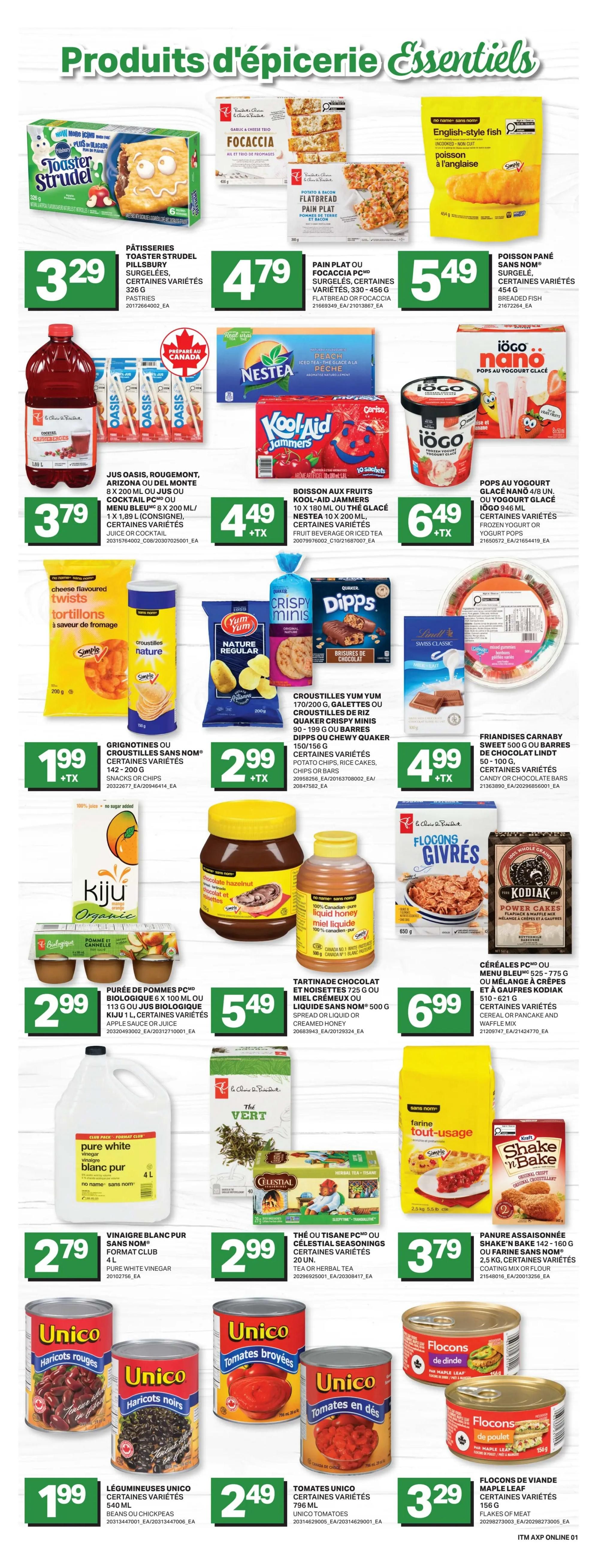 Axep weekly flyer specials page 7 features a variety of grocery essentials. Top row includes Pillsbury Toaster Strudel Pastries for $3.29, PC Flatbread or Focaccia for $4.79, and No Name English Style Breaded Fish for $5.49. Middle row showcases Oasis Juice or Cocktail for $3.79, Kool-Aid Jammers for $4.49, and Iögo Nano Yogurt for $6.49. Further down, find Simple Mills Grignotines or Cracker Crisps for $1.99, Yum Yum or Quaker Crispy Minis for $2.99, and Lindt Chocolate bars or Carnaby Candy for $4.99. The bottom section highlights Kiju Organic Juice or Apple Sauce for $2.99, a large bottle of Pure White Vinegar for $2.79, PC The Vert or Celestial Seasonings Herbal Tea for $2.99, Panure Assaisonnée Shake 'n Bake for $3.79, Unico Beans (red or black) for $1.99, Unico Tomatoes (crushed or diced) for $2.49, and Flocons de Viande (flaked meat) for $3.29.