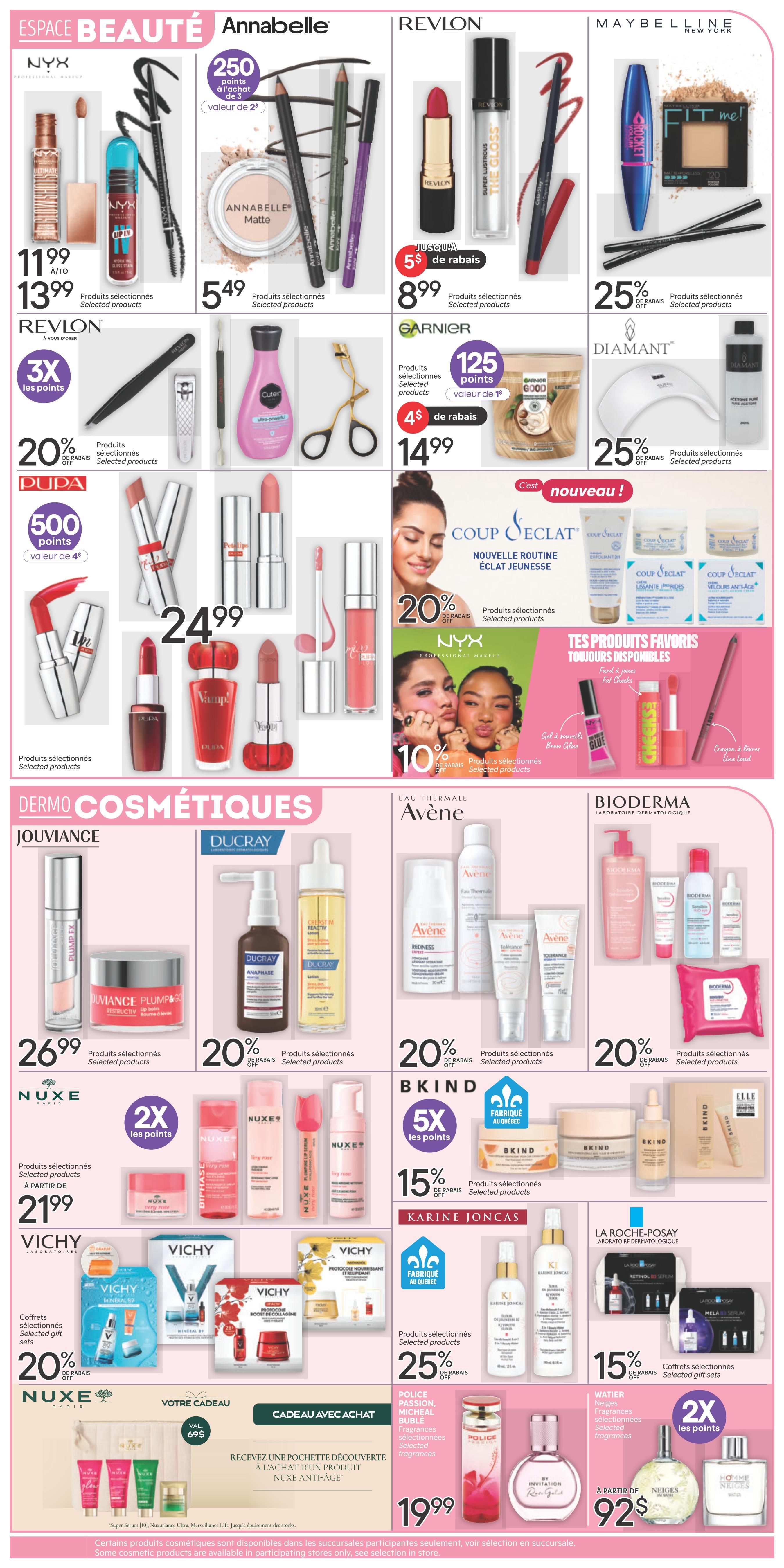 Brunet weekly flyer specials page 5 featuring a wide selection of beauty and cosmetic products. Top section highlights Annabelle products with 250 points offer, Revlon Super Lustrous The Gloss for $8.99 with $5 off, and Maybelline Fit Me foundation and mascara with 25% off. Also featured are NYX Ultimate mascara and lip products from $11.99 to $13.99, Pupa lipsticks and Vamp! products for $24.99, and Revlon 3X points offer with 20% off selected products. Garnier products are available for $14.99 with 125 points and $4 off. Diamant nail products are 25% off. Coup d'Eclat youth radiance routine is 20% off, and NYX products are 10% off. The Dermo-Cosmetics section includes Jouviance Plump & Go for $26.99, Ducray Anaphase and Keracnyl products with 20% off, and Avene thermal water and skincare with 20% off. Bioderma skincare is 20% off. Nuxe selected products start at $21.99 with 2X points. Vichy gift sets are 20% off. BKIND selected products are 15% off with 5X points and 'Fabrique au Quebec' label. Karine Joncas selected products are 25% off. La Roche-Posay gift sets are 15% off. Fragrances include Police, Passion, Micheal Bublé for $19.99, and Neiges by Lise Watier starting at $92 with 2X points.