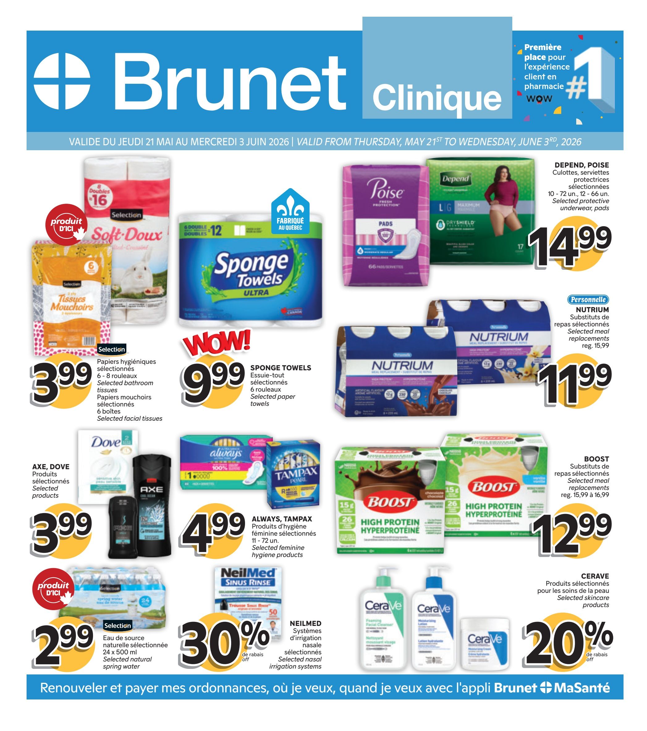 Brunet Clinique flyer featuring savings from May 21st to June 3rd, 2026. Page 1 highlights include Selection Soft-Doux bathroom tissues, 6-8 double rolls for $3.99. Sponge Towels Ultra, 6 rolls, are on sale for $9.99. Depend and Poise protective underwear and pads are available for $14.99. Nutrium meal replacements are $11.99, down from $15.99. Axe and Dove selected products are $3.99. Always and Tampax selected feminine hygiene products are $4.99. Selection natural spring water, 24 x 500 ml, is $2.99. NeilMed nasal irrigation systems are 30% off. Boost High Protein meal replacements are $12.99, with regular prices from $15.99 to $16.99. CeraVe skincare products are 20% off.