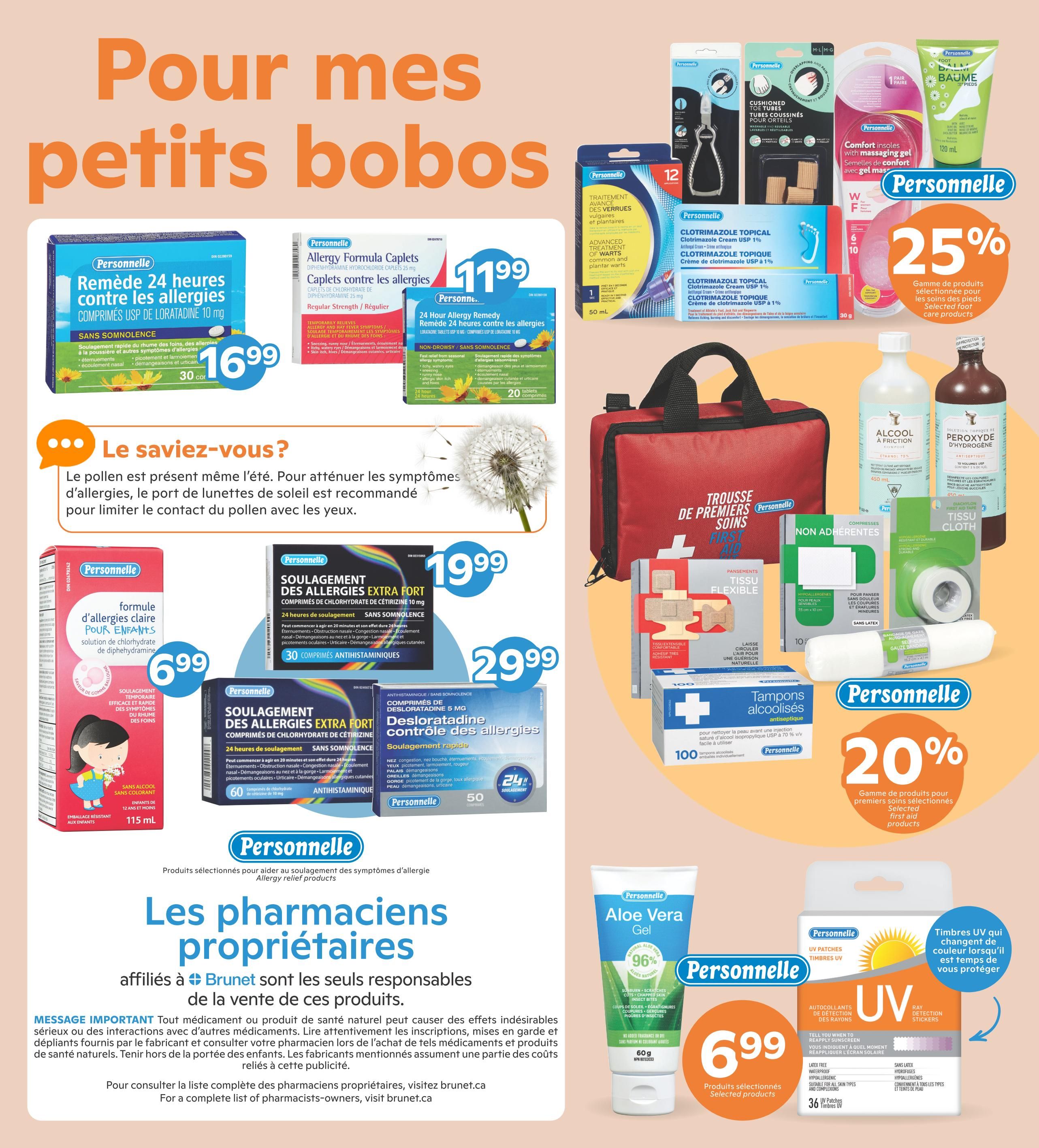 Brunet Summer Specials flyer, page 2. Features Personnelle 24 Hour Allergy Remedy Caplets for $16.99 and Personnelle Allergy Formula Caplets for $11.99. Also available is Personnelle Extra Fort Allergy Relief with Cetirizine 10 mg for $19.99 and Personnelle Desloratadine Allergy Relief for $29.99. A children's allergy relief solution is $6.99. On the right side, find a 25% discount on selected Personnelle first aid products, including Clotrimazole topical cream, comfort insoles with massaging gel, and foot balm. Also featured are alcohol-free hand sanitizer, hydrogen peroxide, flexible fabric bandages, non-adherent pads, and alcohol-infused antiseptic wipes. Personnelle Aloe Vera Gel is on sale for $6.99 and Personnelle UV Ray Protection Stickers are available. The page also includes a 'Did you know?' section about pollen and eye protection. Pharmacists affiliated with Brunet are responsible for the sale of these products.