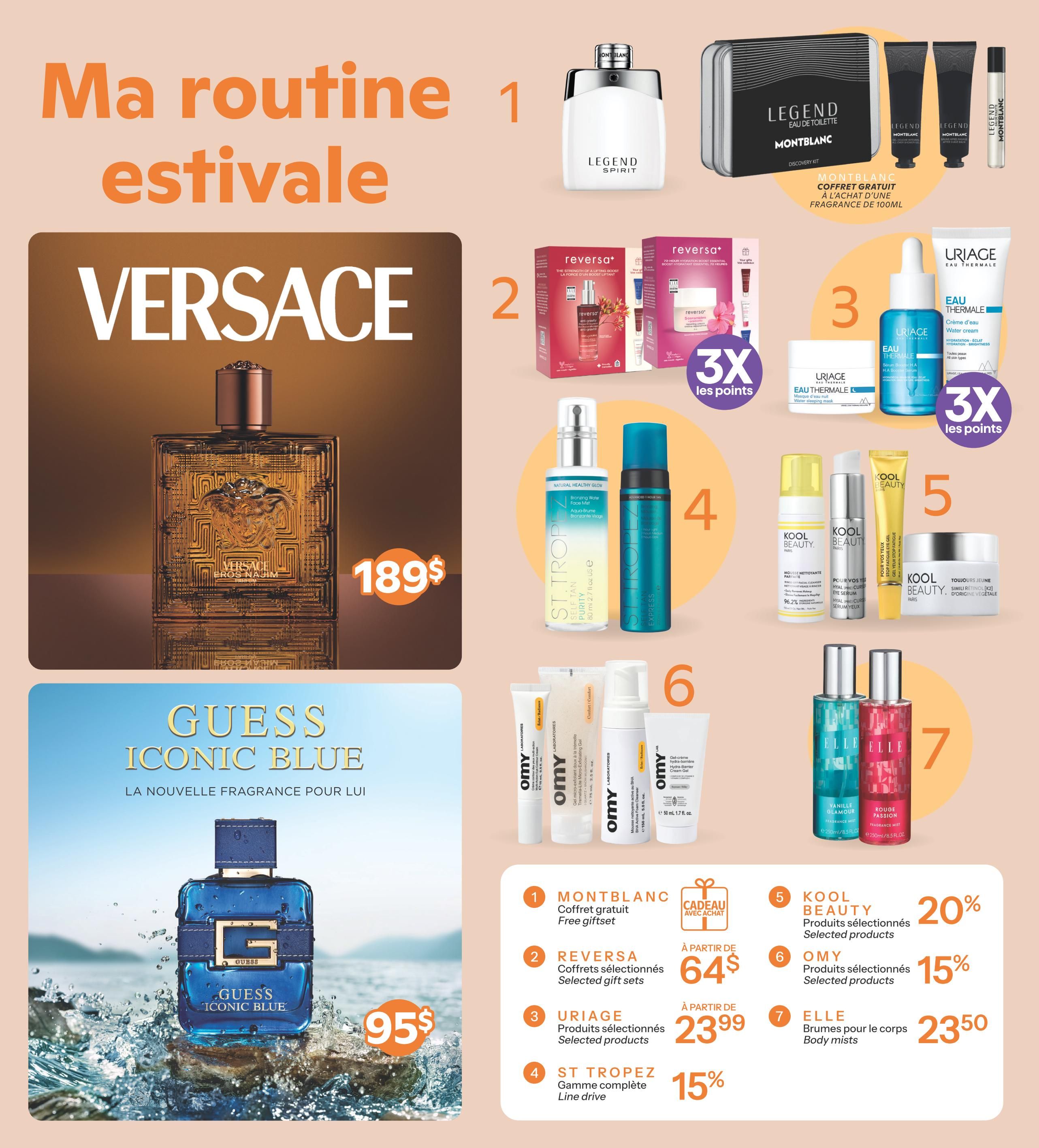 Brunet Summer Specials flyer page 5 features a large image of Versace Eros Eau de Toilette for $189. Below it, Guess Iconic Blue Eau de Toilette is priced at $95. The page also highlights various beauty and fragrance products: Montblanc Legend Spirit and Discovery Kit with a free gift set offer; Reversa selected gift sets starting at $64 with 3x points; Uriage Eau Thermale selected products starting at $23.99 with 3x points; St. Tropez line drive products at 15% off; Kool Beauty selected products at 20% off; Omy selected products at 15% off; and Elle Body mists in Vanille Glamour and Rouge Passion for $23.50.