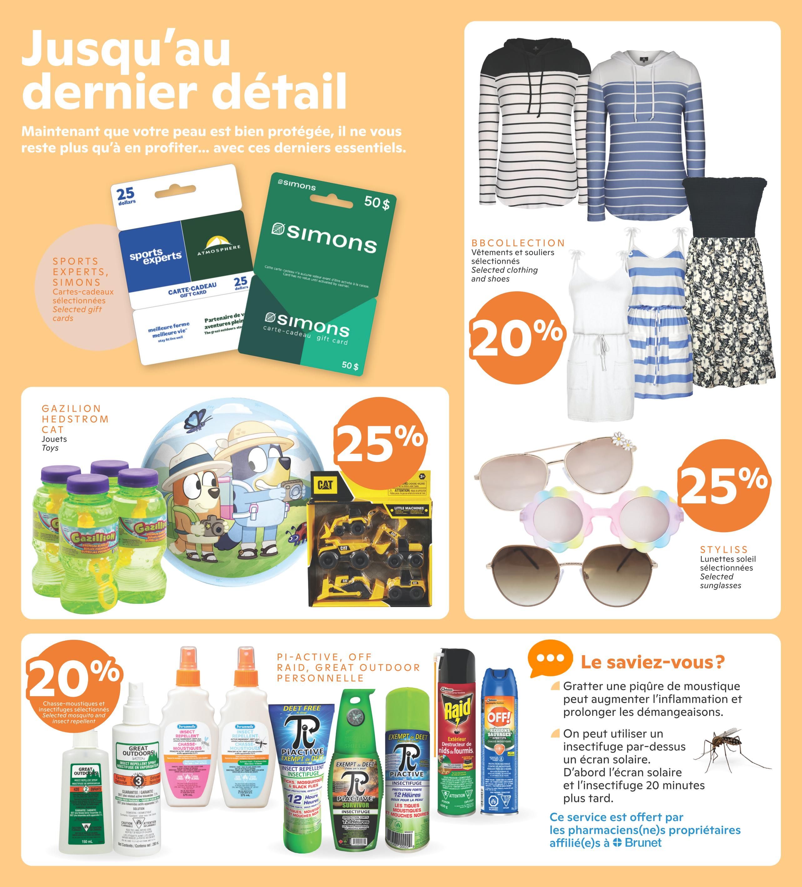 Brunet Summer Specials flyer, page 8. Features gift cards from Sports Experts and Simons, with $25 and $50 denominations available. Also includes BBCcollection selected clothing and shoes with a 20% discount. Gazillion bubble toys and CAT Little Machines toys are shown. Styliss selected sunglasses are on sale for 25% off. A selection of insect repellents including Raid, OFF!, and Pi Active are featured, with selected insect repellents and insect repellent sprays at 20% off. The page also includes a 'Did you know?' section about mosquito bites and insect repellent application, sponsored by Brunet pharmacists.