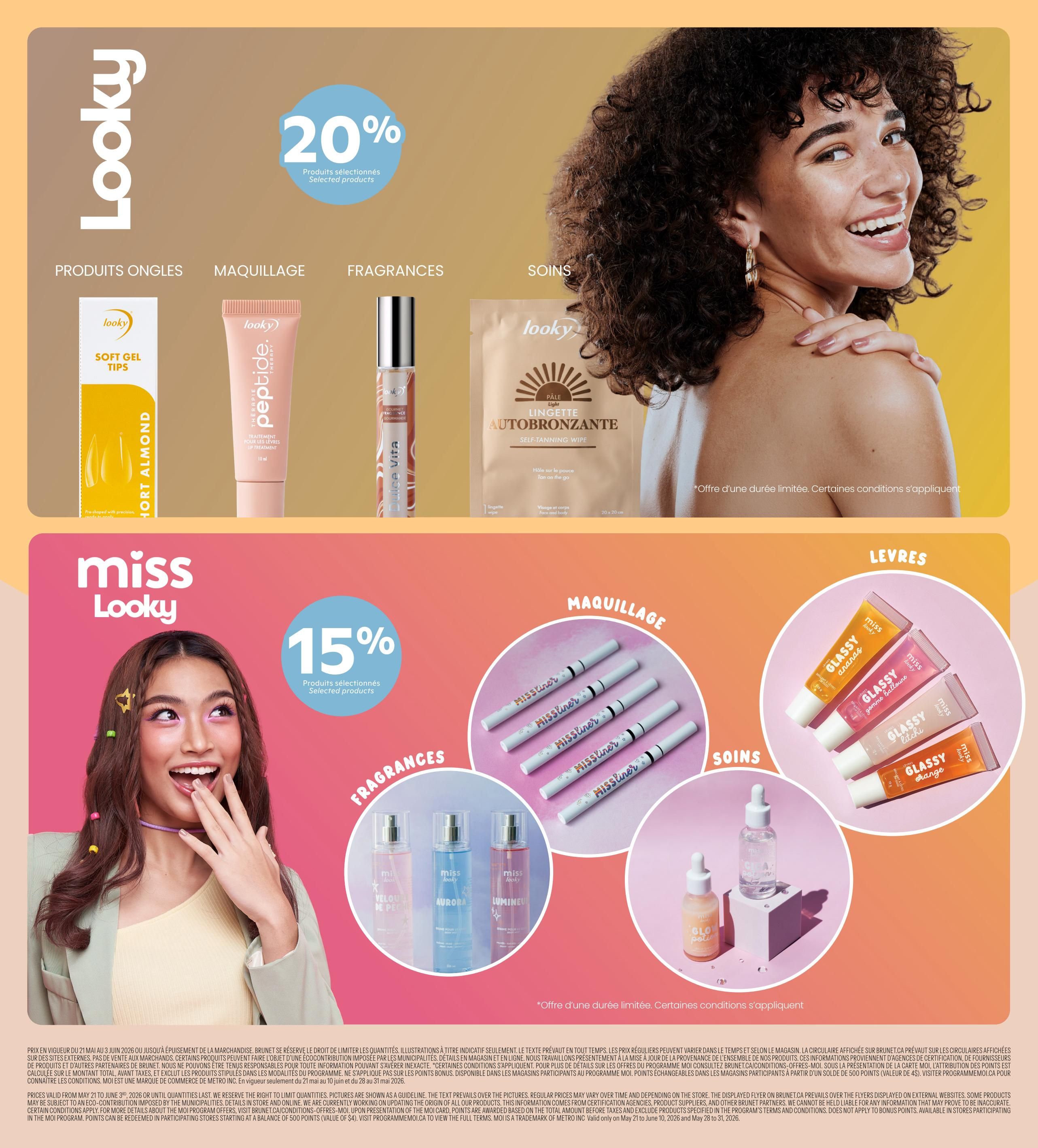 Brunet flyer page 9 featuring Looky and Miss Looky beauty products. Top section highlights 20% off selected products, showcasing Looky Soft Gel Tips in Almond, Peptide Therapy for lips, a 'Dulce Vita' fragrance rollerball, and a Looky Self-Tanning Wipe. The bottom section features Miss Looky products with 15% off selected items. This includes Miss Looky 'Glassy' lip glosses in 'Ananas', 'Gomme Balloune', 'Litchi', and 'Orange', 'Missliner' eyeliner pencils, 'Velours de Peau', 'Aurora', and 'Lumineux' fragrances, and 'Glo Potions' skincare. Limited time offer, conditions apply.