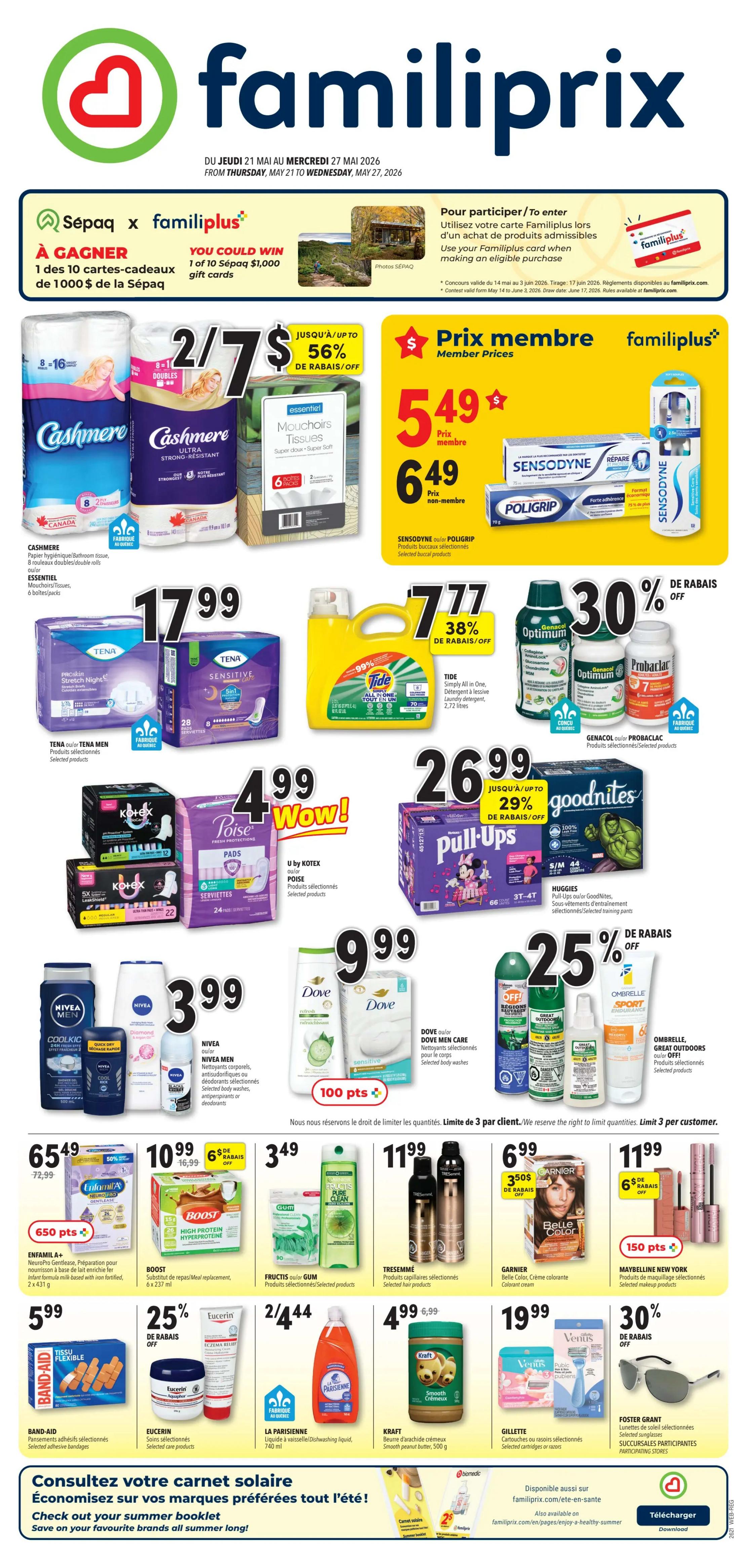 Familiprix flyer specials from May 21 to May 27, 2026. Features a 'Sèpaq x familiplus' contest to win 1 of 10 $1,000 Sèpaq gift cards. Member prices include Sensodyne or Poligrip oral care for $5.49 (non-member $6.49). Other deals: Cashmere bathroom tissue 2/7$, Essentiel facial tissues 2/7$, Tena pads for $17.99, Tide Simply All in One detergent for $7.77 (38% off), and Genacol or Pro-Bactil for $26.99 (30% off). Also featured are U by Kotex Poise pads for $4.99, Huggies Pull-Ups GoodNites for $26.99, Dove body washes for $9.99, and Ombrelle Sport or Great Outdoors for $9.99. Nivea Men Cool Kick or Diamond products are $3.99. Boost High Protein drink is $10.99 (save $6). Fructis Pure Clean or Gum for $3.49. Tresemme hair care for $11.99. Garnier Belle Color hair colour for $6.99 (save $3.50). Maybelline New York makeup is $11.99. Enfamil A+ Gentlease is $65.49 (save $7.50). Eucerin selected care products are $5.99 (25% off). La Parisienne dishwashing liquid is 2/$4.44. Kraft smooth peanut butter is $4.99. Gillette selected cartridges or razors are $19.99. Foster Grant sunglasses are 30% off. Also available are Band-Aid flexible bandages.