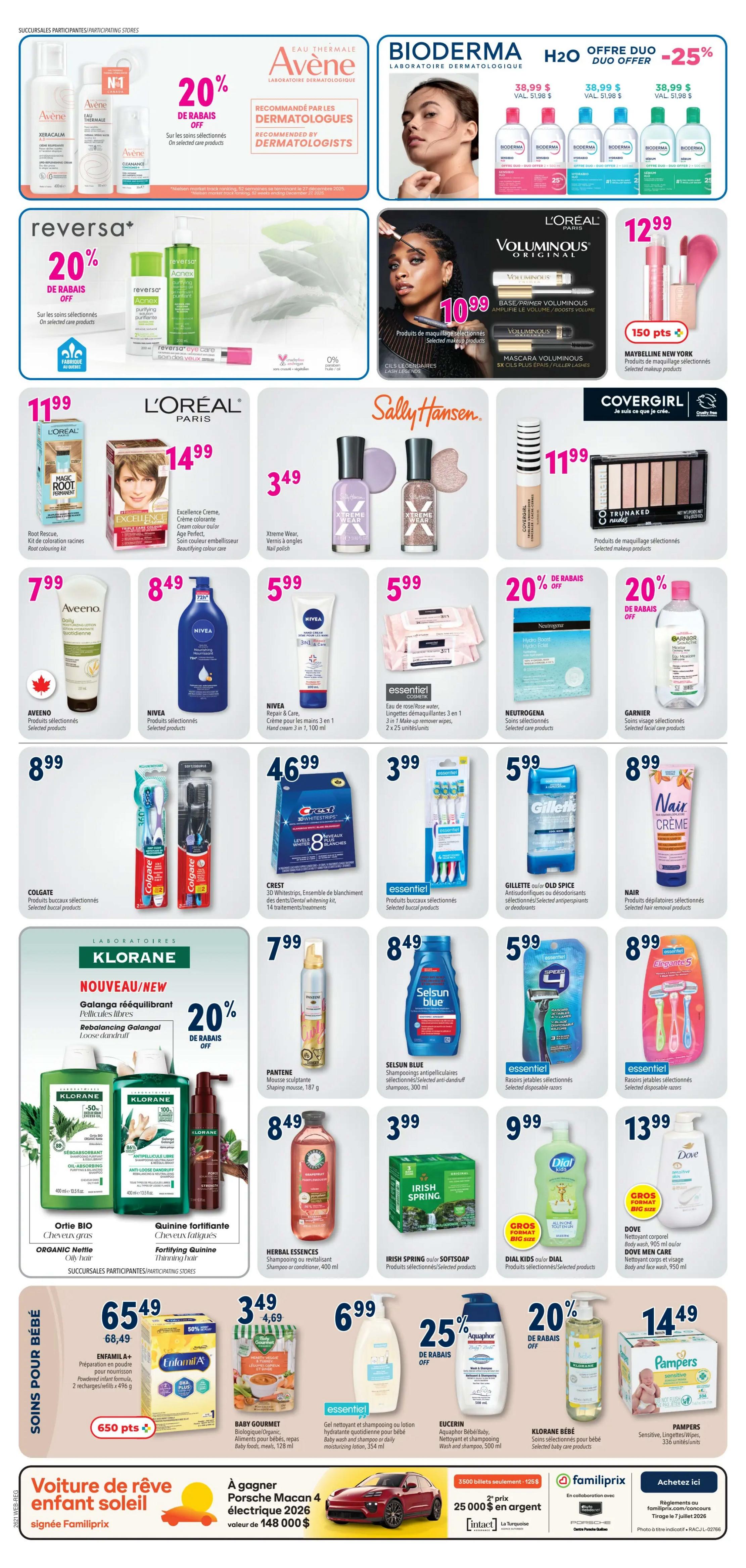 Familiprix weekly flyer specials page 4 features a wide range of health and beauty products. Top offers include Avène skincare with 20% off, Bioderma H2O Duo offer with 25% off, and Reversa products with 20% off. Featured brands and products include L'Oréal Voluminous mascara for $10.99, Maybelline New York selected makeup products for $12.99, Covergirl TruNaked Eyeshadow Palette for $11.99. Also available are L'Oréal Root Rescue hair colour for $11.99 and Excellence Creme hair colour for $14.99. Sally Hansen Xtreme Wear nail polish is $3.49. Aveeno Daily Moisturizing Lotion is $7.99. Nivea Repair & Care hand cream is $8.49. Essentiel Rose water makeup remover wipes are $5.99. Neutrogena Hydro Boost selected care products are on offer. Garnier selected facial care products are also available. Oral care includes Colgate selected toothbrush products for $8.99, Crest 3D White Strips for $46.99, and Essentiel selected mouthwash products for $3.99. For hair care, Klorane Galanga Rebalancing shampoo and conditioner are 20% off. Pantene Shaping Mousse is $7.99. Selsun Blue anti-dandruff shampoo is $8.49. Herbal Essences shampoo or conditioner is $8.49. Irish Spring body wash is $3.99. Dial Kids body wash is $9.99. Dove body wash is $13.99. Baby products include Enfamil A+ formula for $65.49, Baby Gourmet baby food for $3.49, and Aquaphor baby wash and shampoo for $6.99 with 25% off. Eucerin baby selected care products are also featured. Additionally, there's a chance to win a 2026 Macan electric vehicle valued at $148,000 with 35000 loyalty points, and a Familiprix contest to win a Porsche Macan electric vehicle.
