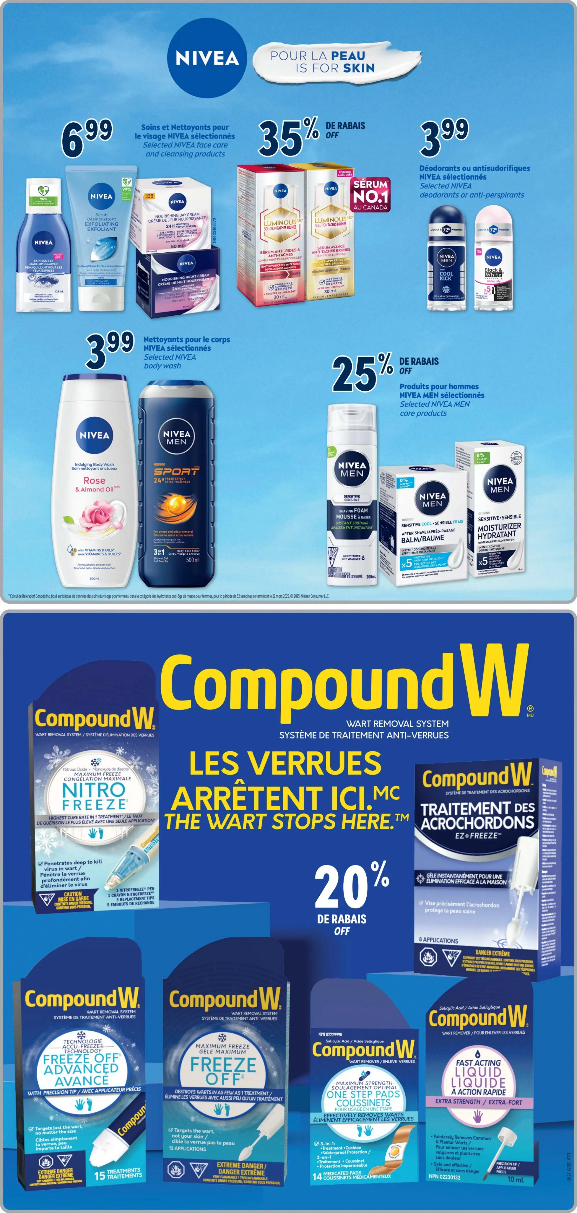 Familiprix Weekly Flyer Specials Page 6. Features NIVEA products including face care and cleansing products for $6.99, with 35% off selected NIVEA face care and cleansing products. Also available are NIVEA body wash products for $3.99. Selected NIVEA men's care products are on sale with 25% off, including NIVEA MEN Sport body wash and NIVEA MEN shaving foam. Deodorants or anti-perspirants from NIVEA are $3.99. The page also highlights Compound W wart removal systems with 20% off. Products include Compound W Nitro Freeze, Compound W Freeze Off Advanced, Compound W One Step Pads, and Compound W Fast Acting Liquid. Specific offers include Compound W Nitro Freeze at $20.99, Compound W Freeze Off Advanced with 15 treatments for $20.99, Compound W One Step Pads with 14 medicated pads for $20.99, and Compound W Fast Acting Liquid for $15.99.