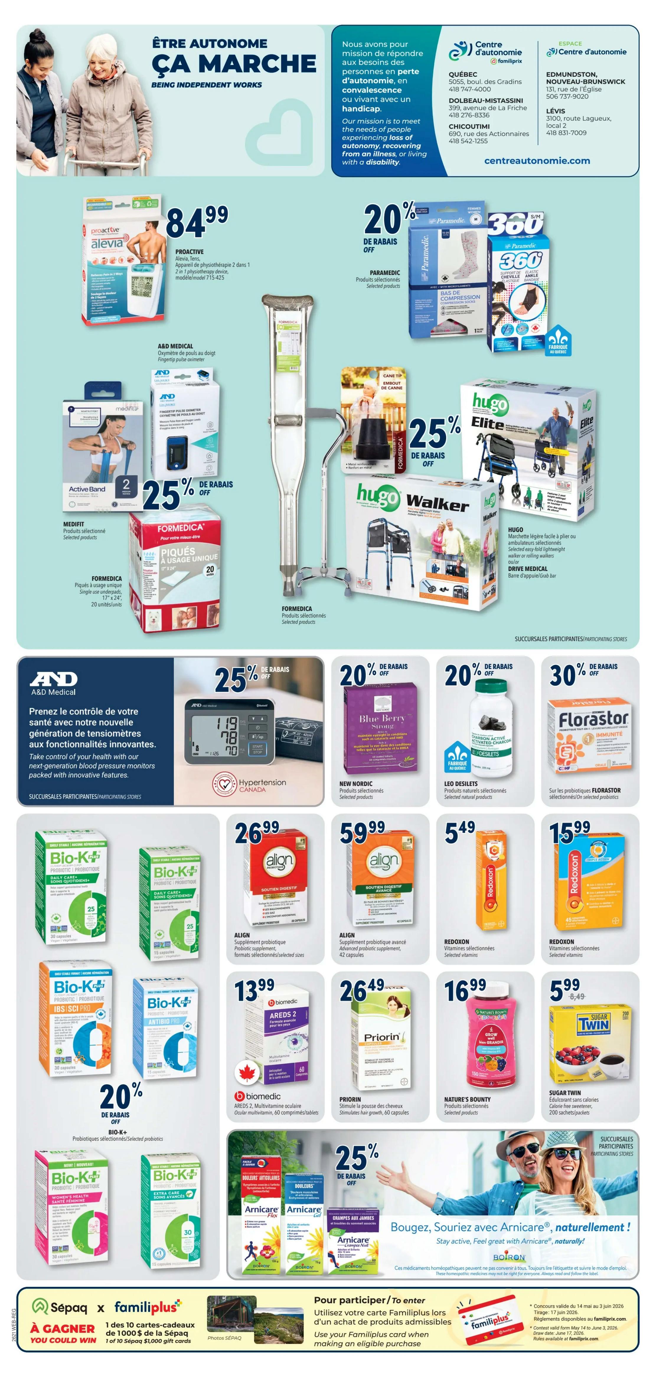 Familiprix Weekly Flyer Specials, Page 7. Featuring 'Being Independent Works' with Proactive Alévia TENS unit for $84.99. Also, 20% off selected Paramédic compression socks and 360° elastic ankle support. Hugo Walker lightweight folding walkers are available, along with Drive Medical grab bars. A&D Medical finger pulse oximeter and blood pressure monitors are featured with 25% off selected products. New Nordic Blue Berry Strong eye health supplements are 20% off. Léo Desilets selected natural products are 20% off. Florastor probiotics are 30% off. Bio-K+ probiotics are 20% off, with selected products available. Align probiotic supplements are $26.99 for 30 capsules and $59.99 for 42 capsules. Biomedic AREDS 2 multivitamins for eye health are $13.99. Priorin hair growth supplement is $26.49. Nature's Bounty Grow+ Brand is $16.99. Sugar Twin sweetener is $5.99. Arnica products for joint pain and muscle relief are 25% off. Enter to win one of 10 Familiprix gift cards worth $1,000 by using your Familiprix card on any purchase.