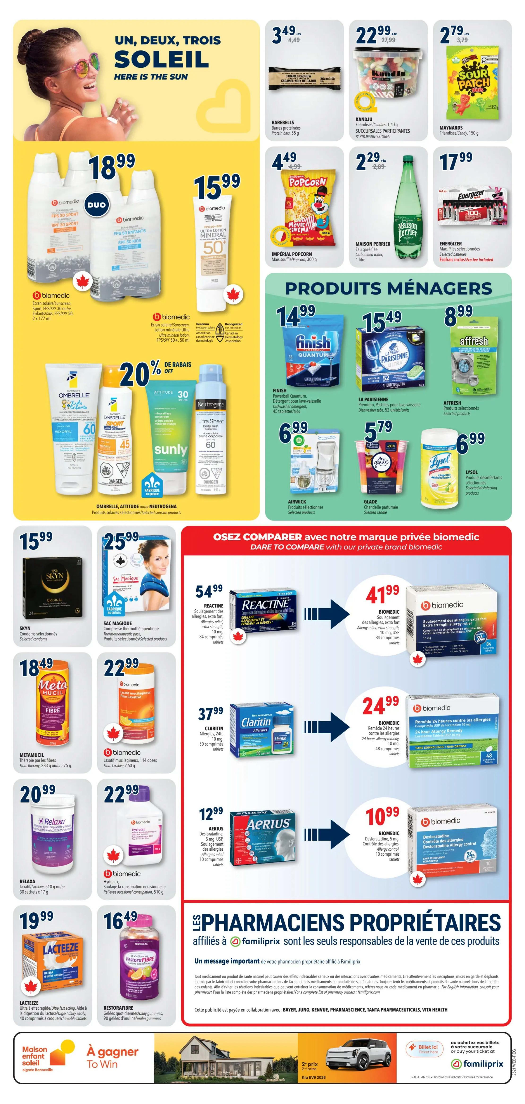 Familiprix weekly flyer specials page 8 features sun care products and household items. Top section includes Barebells protein bars for $3.49, Kandju fruit snacks for $22.99, and Maynards Sour Patch Kids candy for $2.79. Also featured are Imperial Popcorn for $4.49 and Maison Perrier sparkling water for $2.29, plus Energizer batteries for $17.99. Biomedic offers Duo sunscreen spray SPF 50 Sport for $18.99 and Ultra Lotion Mineral SPF 50 for $15.99. Sun care products from Ombrelle, Attitude, and Neutrogena are on sale with 20% off selected items. Household cleaning products include Finish Quantum dishwasher detergent for $14.99, La Parisienne dishwasher pods for $15.49, and Affresh cleaning products for $8.99. Air Wick selected products are $6.99, Glade scented candles are $5.79, and Lysol disinfecting wipes are $6.99. A comparison section highlights private brand Biomedic allergy relief products. Featured medications include Reactine allergy relief for $54.99, Claritin allergy tablets for $37.99, Aerius allergy relief for $12.99, and Biomedic Desloratadine allergy control for $10.99. Other featured products are SKYN condoms for $15.99, Metamucil fibre therapy for $18.49, Relaxa laxative for $20.99, Hydralax constipation relief for $22.99, Lacteeze for $19.99, and RestoraFibre daily gummies for $16.49. The bottom of the page shows a contest to win a house and a Kia EV6, with details on how to enter by purchasing tickets.