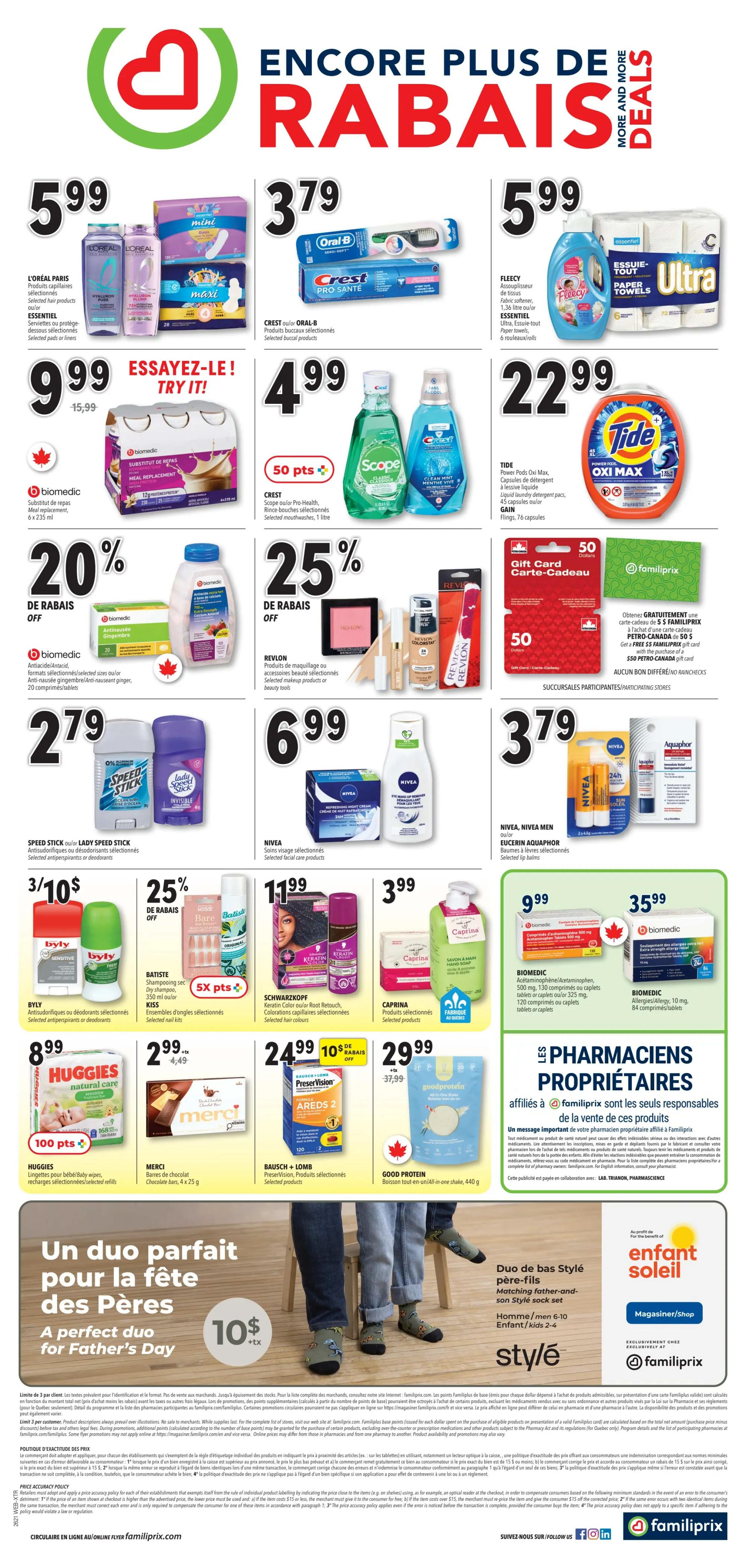 Familiprix flyer page 2 features a wide variety of deals. L'Oréal Paris hair products are $5.99. Crest Oral-B Pro Santé toothpaste and toothbrushes are $3.79. Fleecy fabric softener is $5.99, and Essentiel Ultra paper towels are $5.99. Biomedic meal replacement shakes are $9.99. Scope mouthwash is $4.99 and includes 50 bonus points. Revlon makeup and beauty tools are 25% off. Speed Stick or Lady Speed Stick antiperspirants/deodorants are $2.79. Nivea facial care products are $6.99. Byly antiperspirants or deodorants are 3 for $10. Batiste dry shampoo and Kiss nail glue are 25% off. Schwarzkopf hair colour is $11.99. Caprina selected products are $3.99. Huggies natural care baby wipes are $8.99 and include 100 points. Merci chocolate bars are $2.99 (regularly $4.49). Bausch + Lomb PreserVision eye vitamins are $24.99 with 10% off. Good Protein all-in-one shake is $29.99. Familiprix gift cards are available with a $50 purchase. Also featured are Nivea and Nivea Men lip balms for $3.79, and Eucerin Aquaphor healing ointment for $9.99. Biomedic acetaminophen or allergy medication is $35.99. The bottom section promotes a Father's Day gift idea with a Style sock set for $10 plus tax.