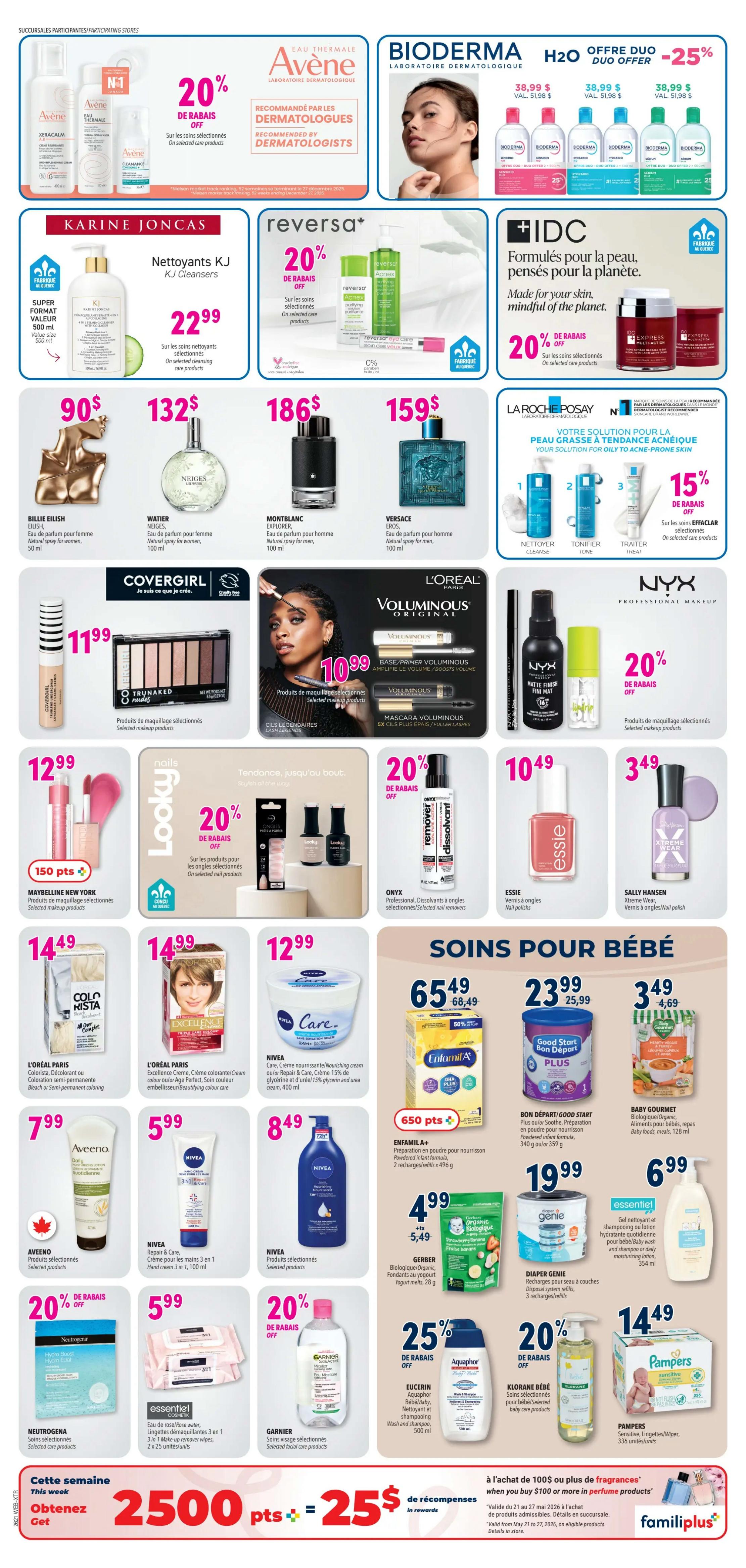 Familiprix flyer page 4 features a wide range of beauty and baby care products. Top offers include Avène thermal water spray with 20% off, Bioderma H2O Duo offer with 25% off, and IDC skincare with 20% off. Featured fragrances include Billie Eilish Eau de Parfum for women for $90, Watier Neiges Eau de Parfum for women for $132, Montblanc Explorer Eau de Parfum for men for $186, and Versace Eros Eau de Parfum for men for $159. Makeup deals include Covergirl Trunaked eyeshadow palette for $11.99, L'Oréal Paris Voluminous mascara and primer for $10.99, and NYX Professional Makeup selected products with 20% off. Nail care includes Looky nail polish with 20% off, Onyx professional removers and dissolvents with 20% off, Essie nail polish for $10.49, and Sally Hansen Xtreme Wear nail polish. Hair colour offers include L'Oréal Paris Colorista for $7.99 and L'Oréal Paris Excellence hair colour for $14.99. Skincare includes Nivea Repair & Care hand cream for $5.99, Nivea Care nourishing cream for $8.49, Aveeno selected products for $7.99, Garnier selected facial care products with 20% off, Eucerin Aquaphor wash and shampoo with 25% off, and Klorane selected baby care products with 20% off. Baby care includes Enfamil A+ formula for $65.49 (with 50% off), Bon Départ/Good Start formula for $23.99, Baby Gourmet baby food for $3.49, and Pampers diapers for $14.49. Also featured are Gerber organic yogurt melts for $4.99 and Genie diaper pail refills for $19.99. The bottom of the page highlights a 'Get 2500 points = $25 in rewards' offer when you buy $100 or more in perfume products.