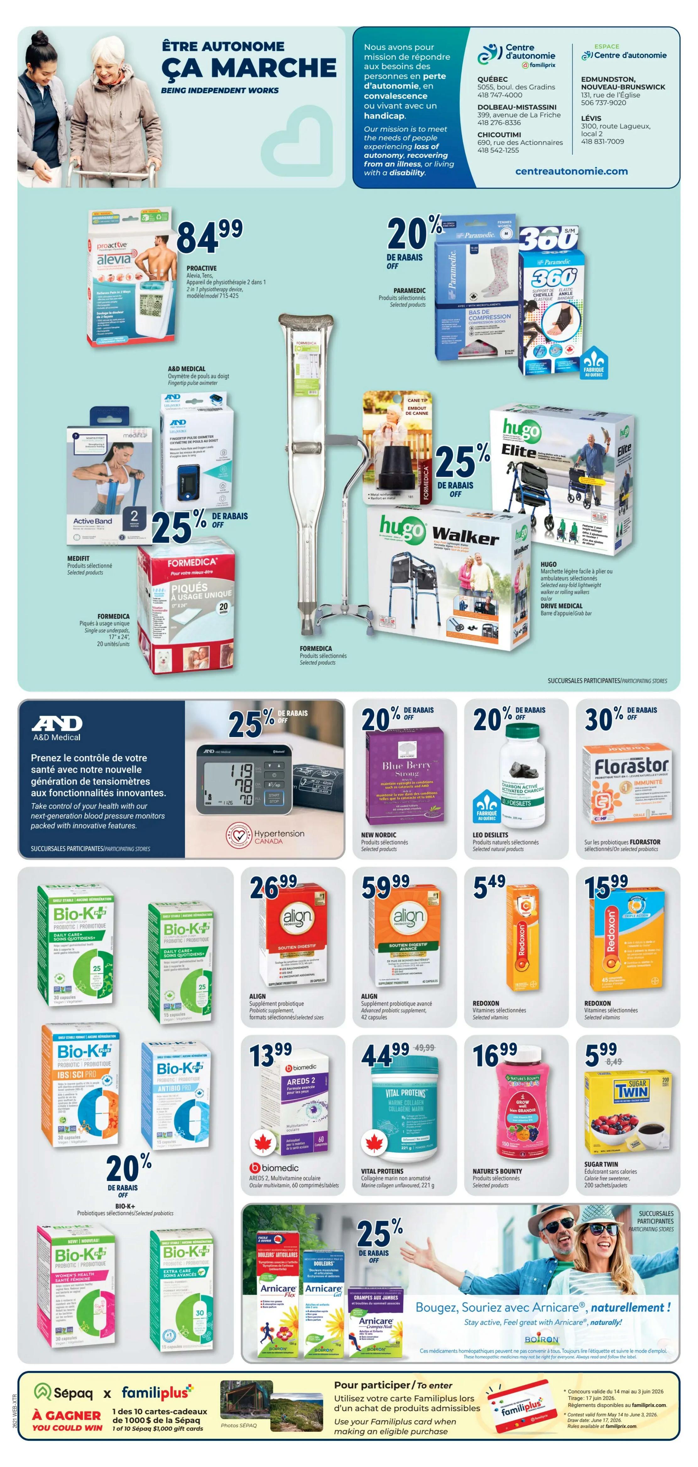 Familiprix Extra flyer, page 7. Features a section on 'Being Independent Works' with products like Proactive Alévia TENS therapy device for $84.99, A&D Medical fingertip pulse oximeter, Medifit Active Band, and Formédica single use underpads. Also on sale are Paramedic compression socks and 360 elastic ankle support, both 20% off. Hugo Walker lightweight walker and Drive Medical grab bar are featured. A&D Medical blood pressure monitors are 25% off. New Nordic Blue Berry Strong supplements are 20% off. Leo Désilets natural products are 20% off. Florastor probiotics are 30% off. Bio-K+ probiotics are 20% off. Align probiotic supplements are $26.99 and $59.99. Biomedic AREDS 2 multivitamin eye care is $13.99. Vital Proteins marine collagen is $44.99. Nature's Bounty Grow+Glow gummies are $16.99. Sugar Twin calorie-free sweetener is $5.99. Arnica gel and cream products are 25% off. The bottom of the page promotes a Familiprix contest to win $1,000 Familiprix gift cards.